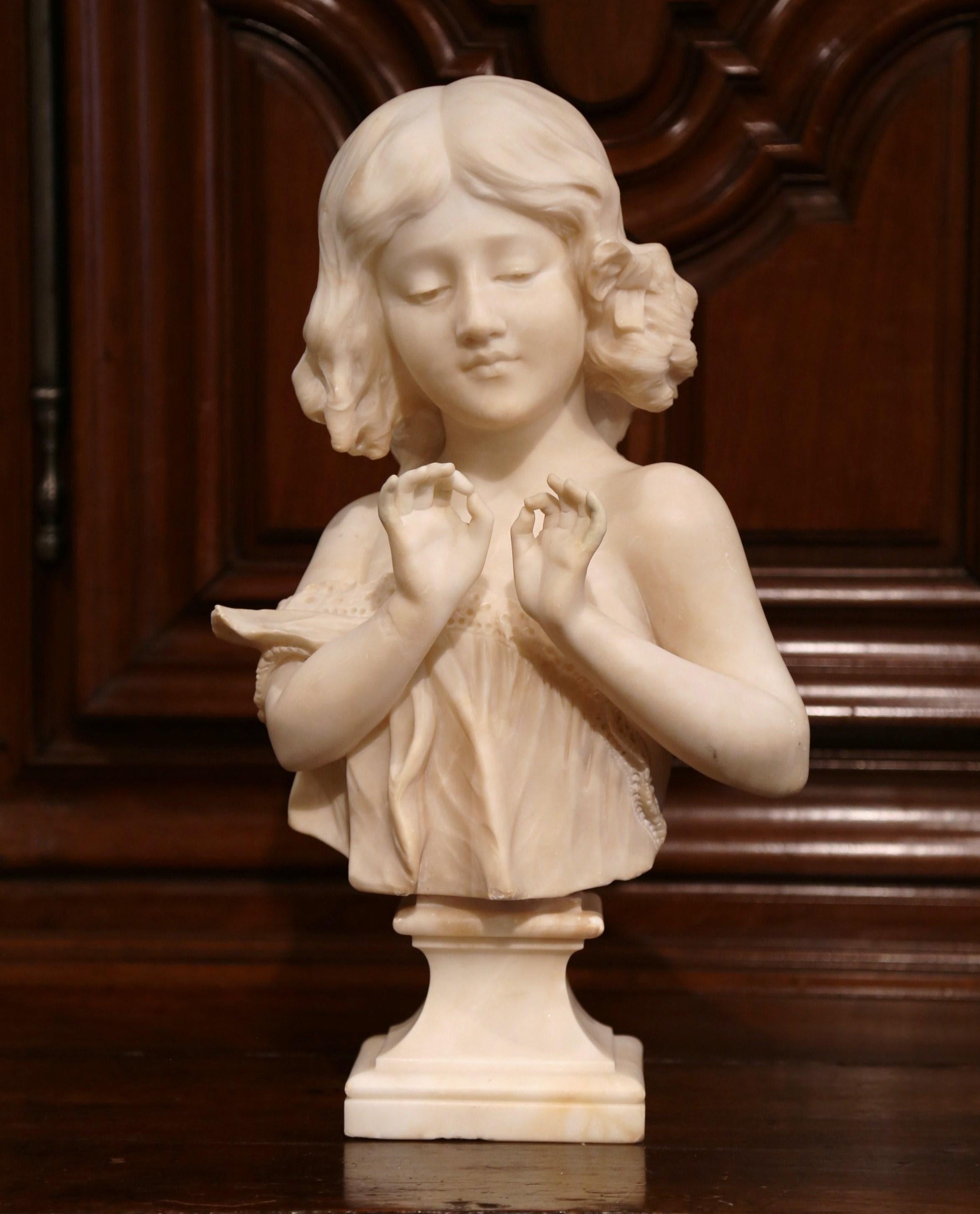 19th Century French Carved White Marble Bust of Young Beauty Signed Adolphe In Excellent Condition In Dallas, TX