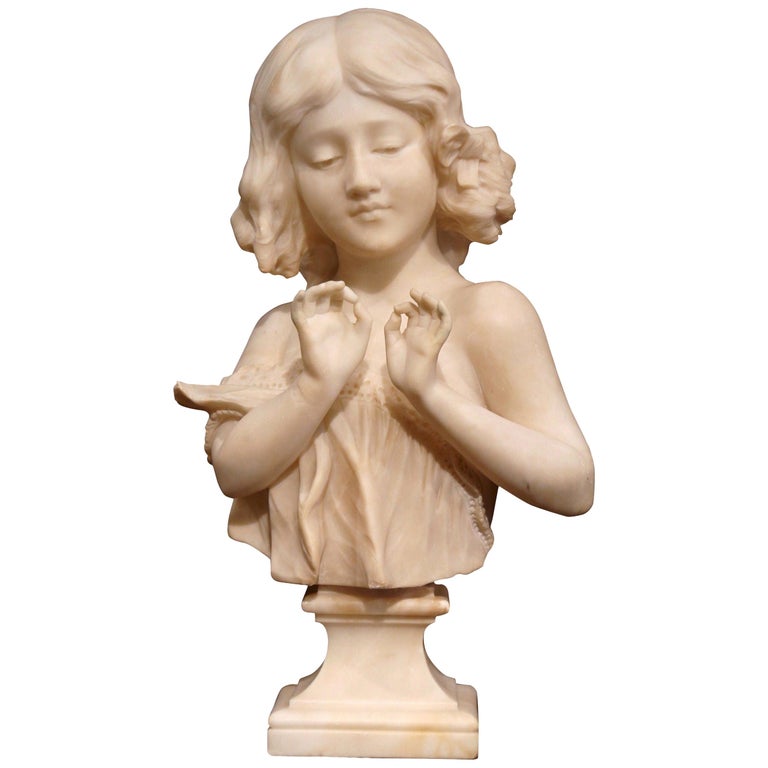 19th Century French Carved White Marble Bust of Young Beauty Signed ...