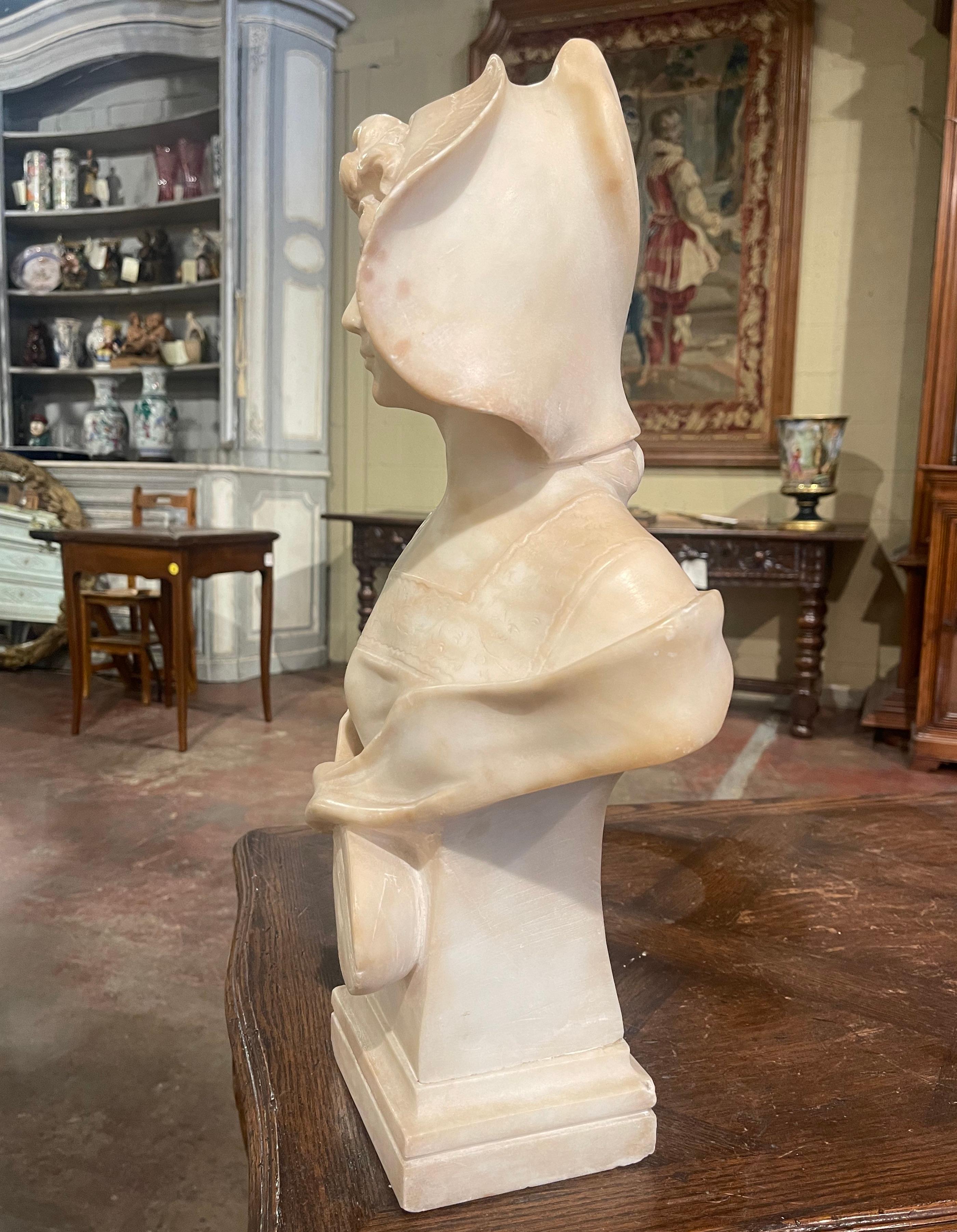 19th Century French Carved White Marble Bust of Young Beauty with Lute For Sale 7