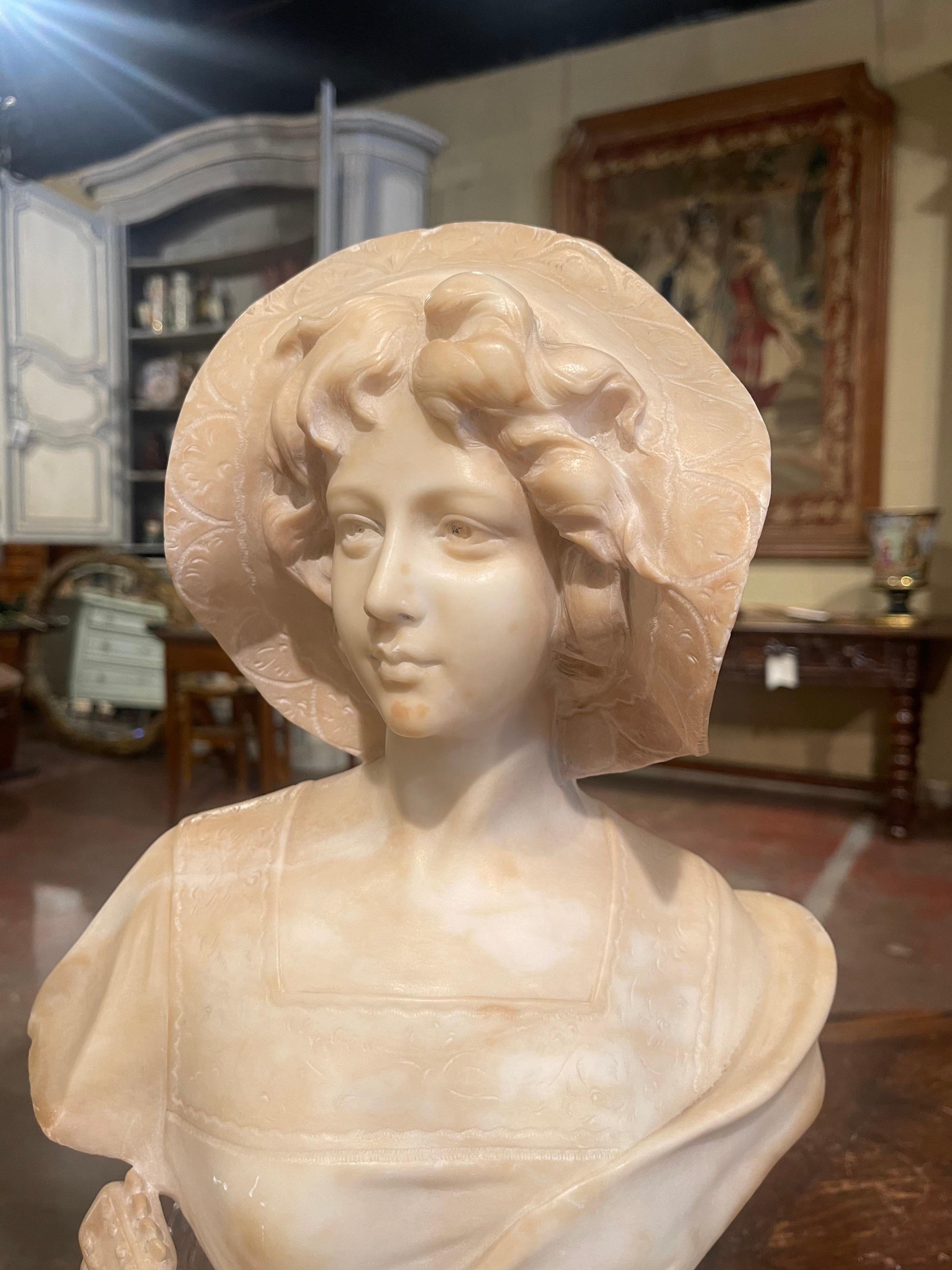 Hand-Carved 19th Century French Carved White Marble Bust of Young Beauty with Lute For Sale