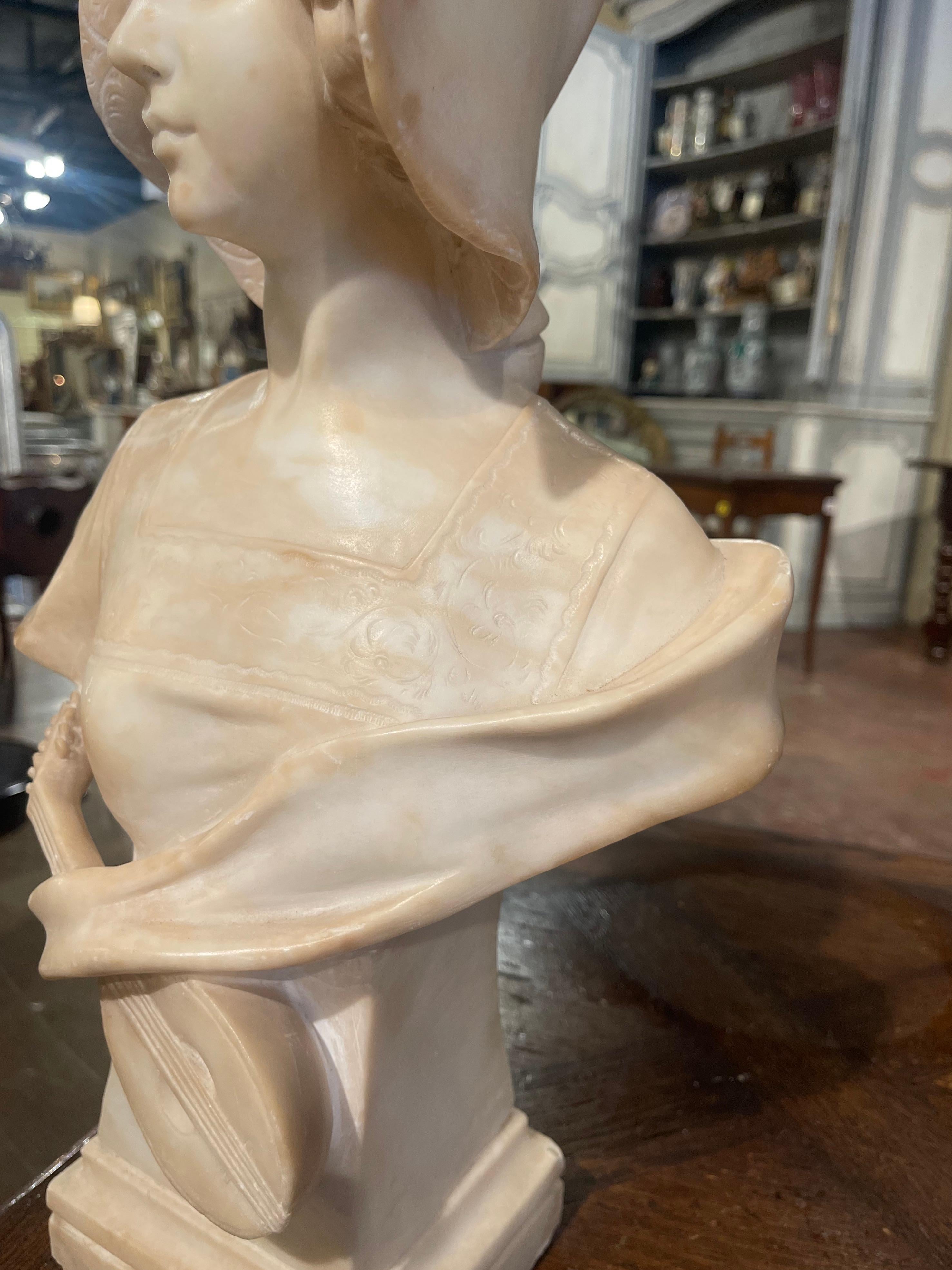 19th Century French Carved White Marble Bust of Young Beauty with Lute For Sale 2