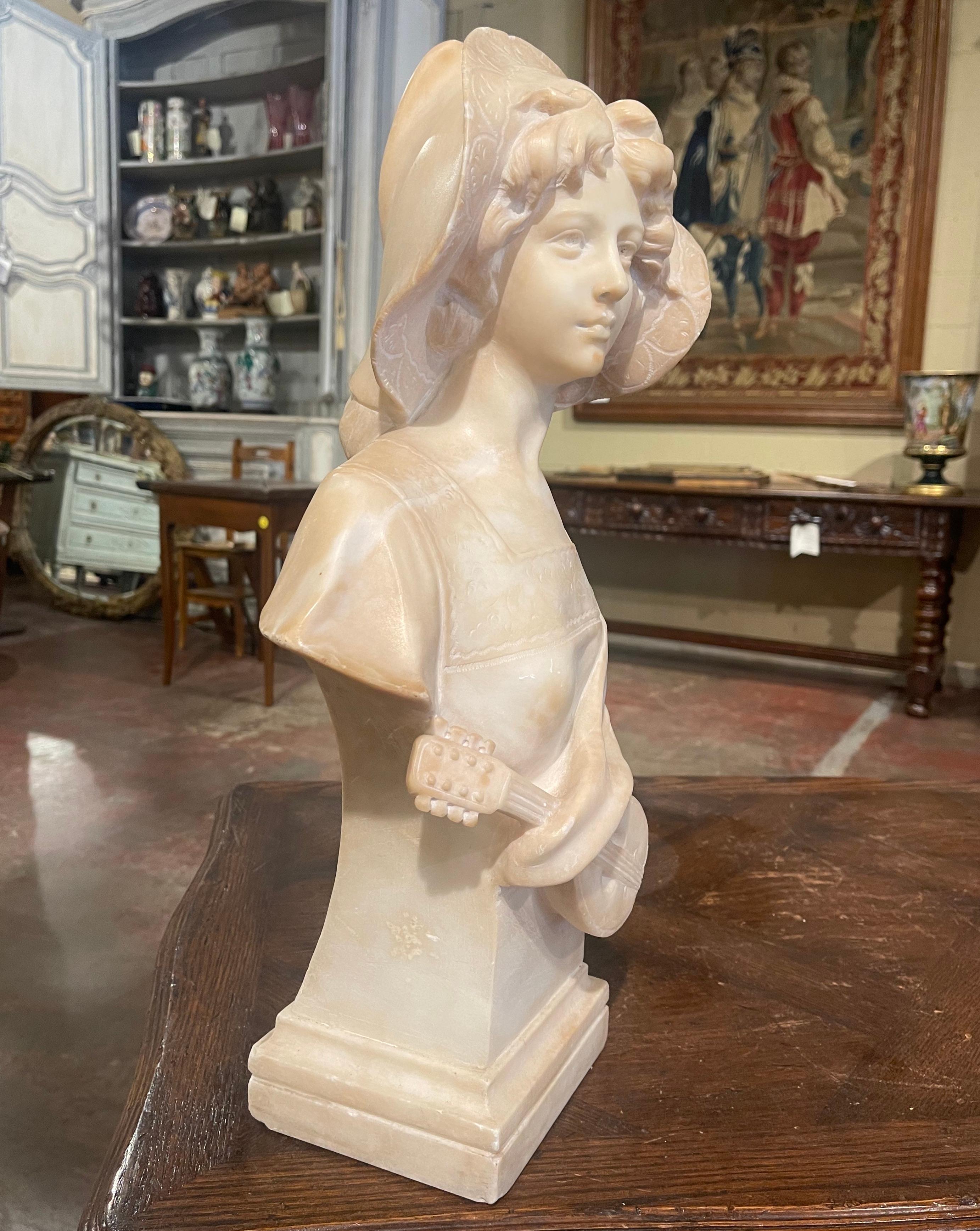 19th Century French Carved White Marble Bust of Young Beauty with Lute For Sale 5