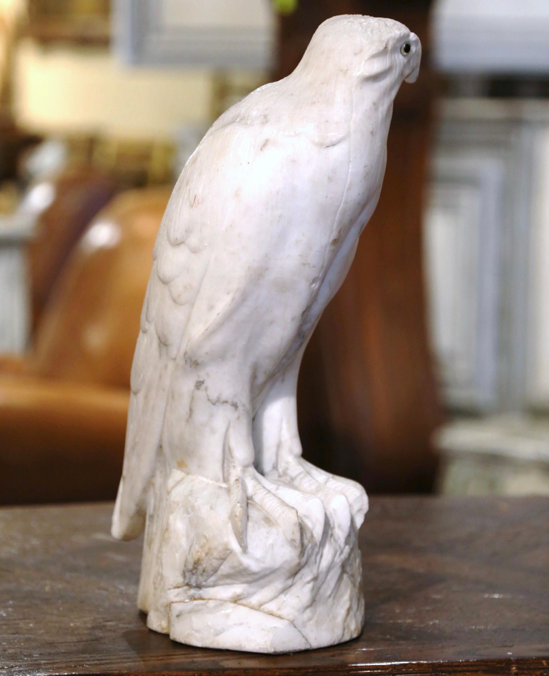 19th Century French Carved White Marble Eagle Sculpture with Glass Eyes For Sale 2