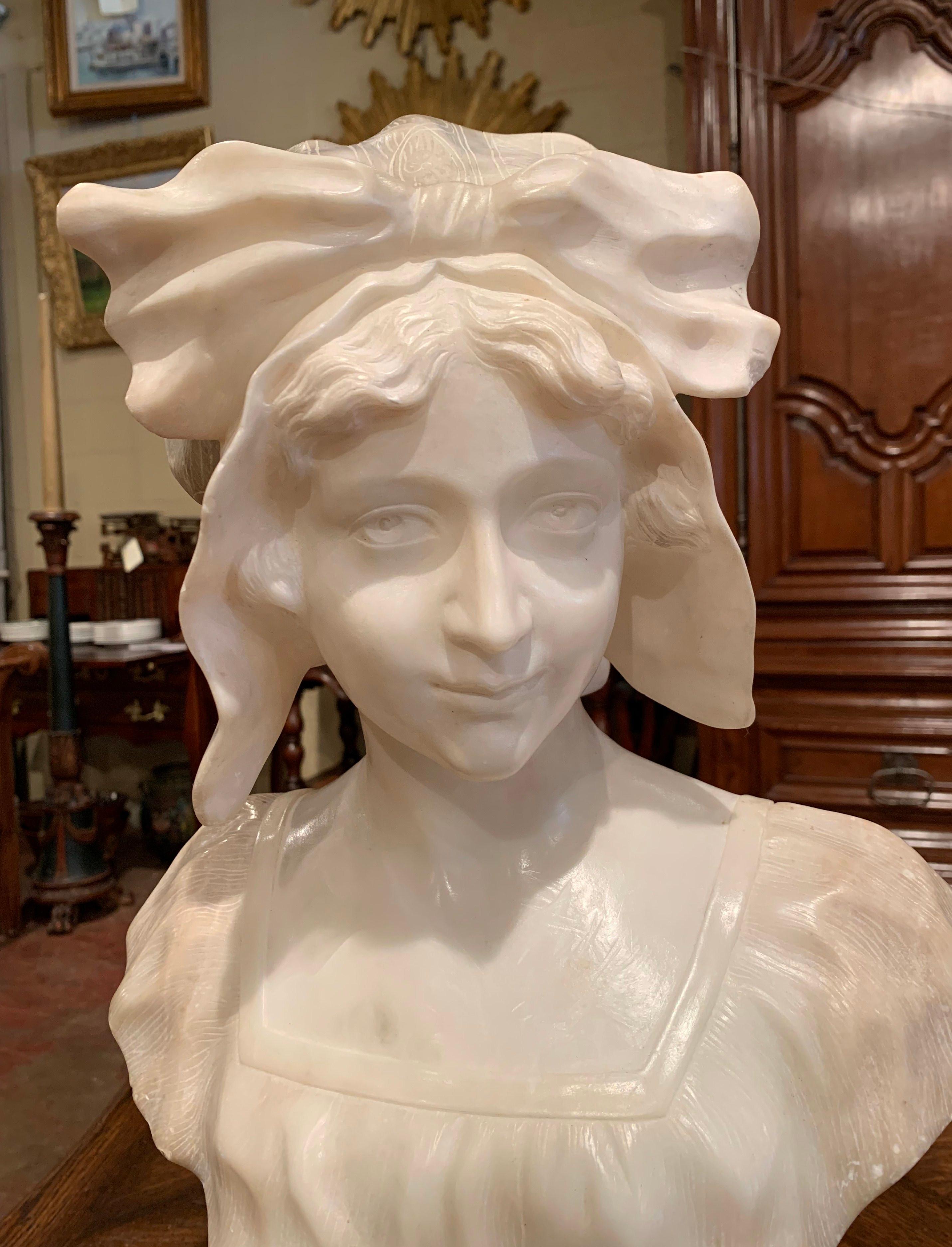 Napoleon III 19th Century French Carved White Marble Woman Bust Sculpture on Grey Base