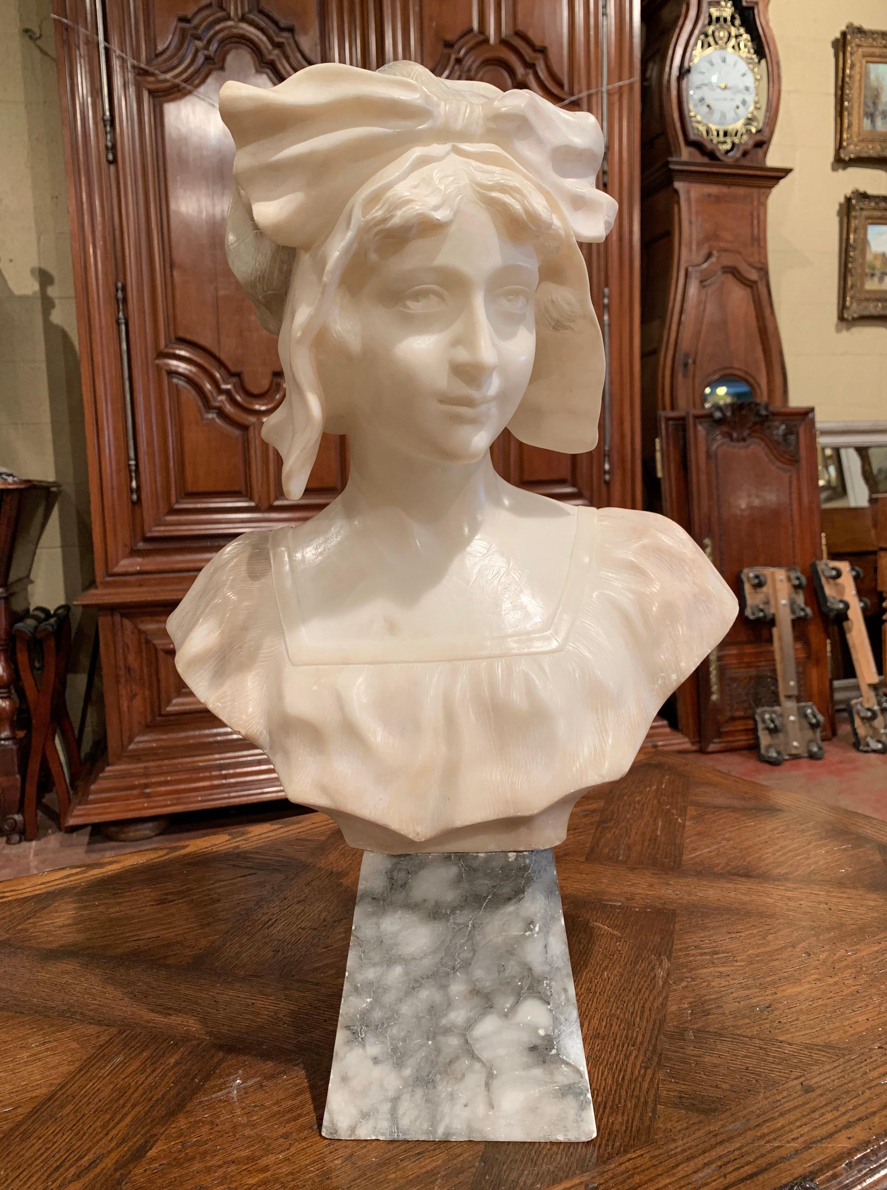 19th Century French Carved White Marble Woman Bust Sculpture on Grey Base In Excellent Condition In Dallas, TX