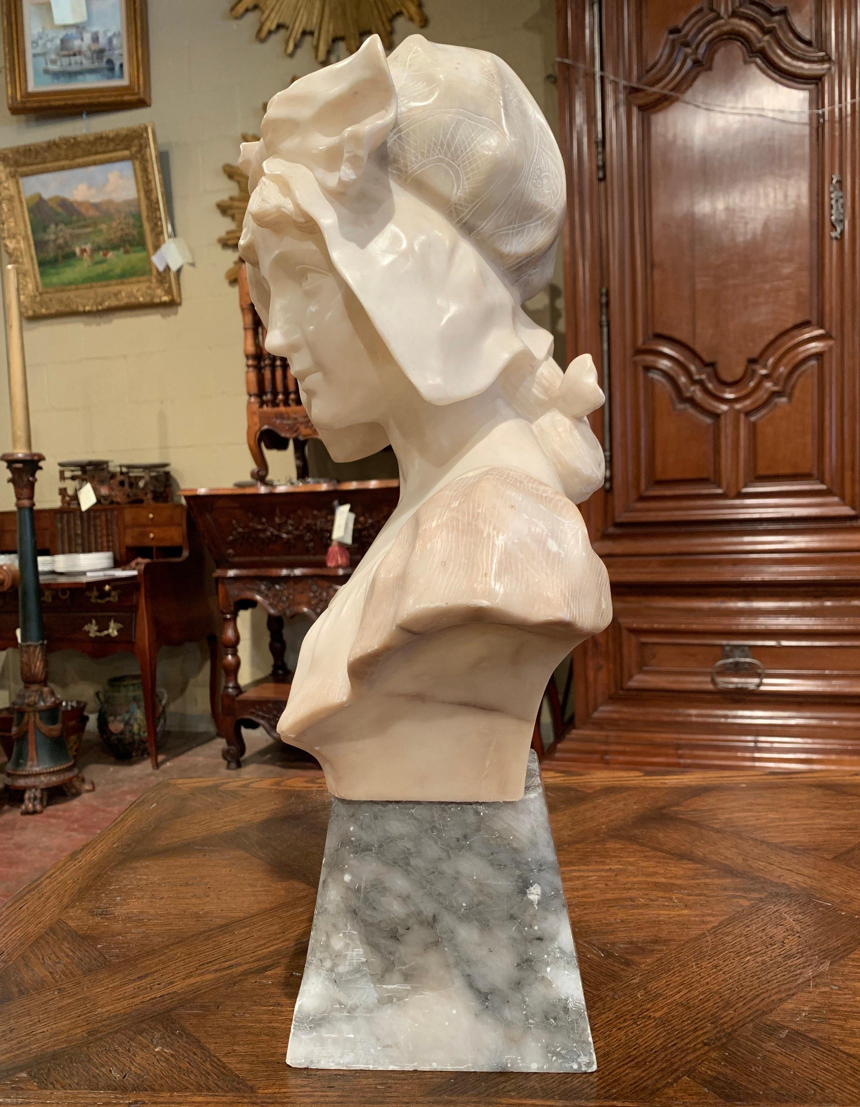 19th Century French Carved White Marble Woman Bust Sculpture on Grey Base 1