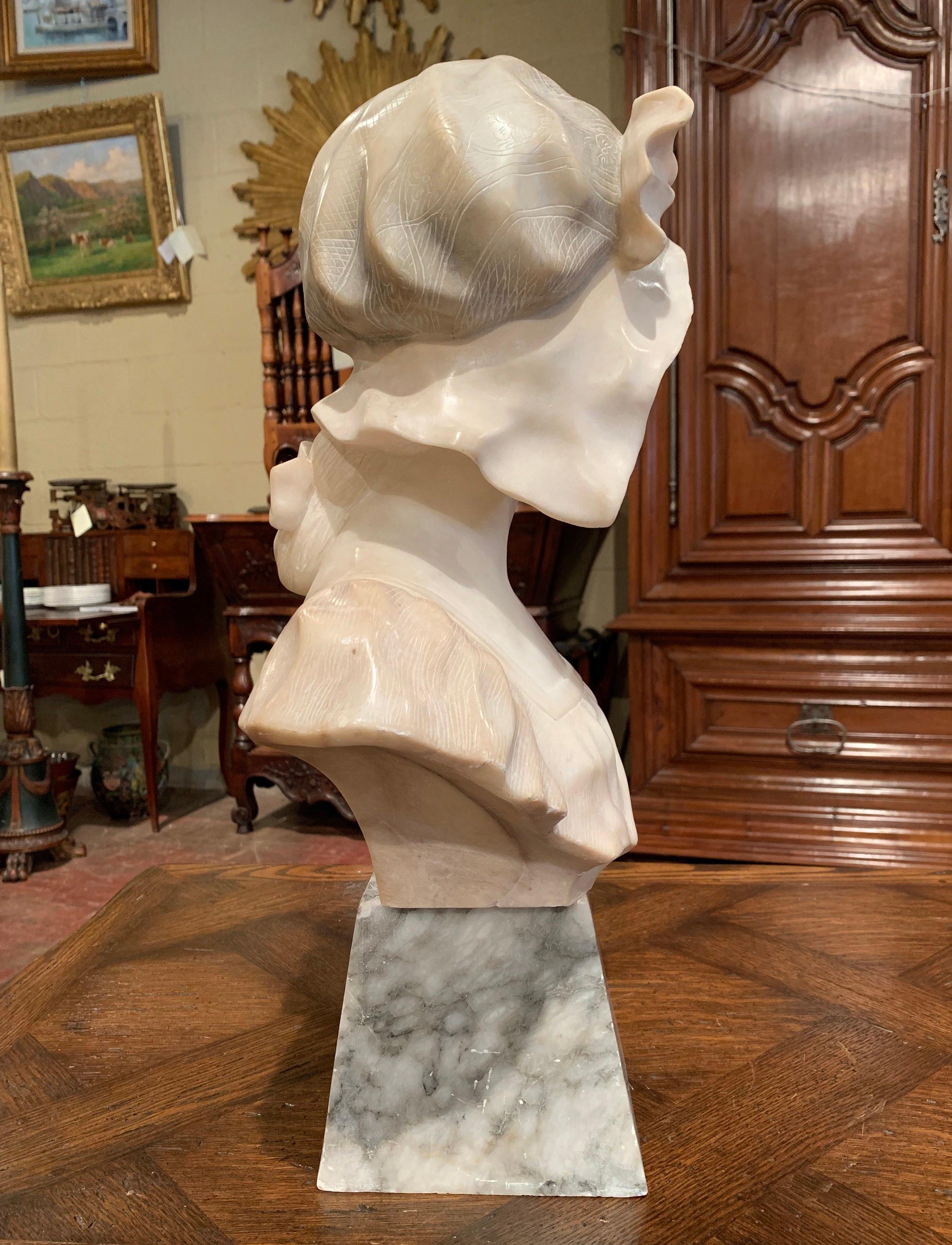 19th Century French Carved White Marble Woman Bust Sculpture on Grey Base 2