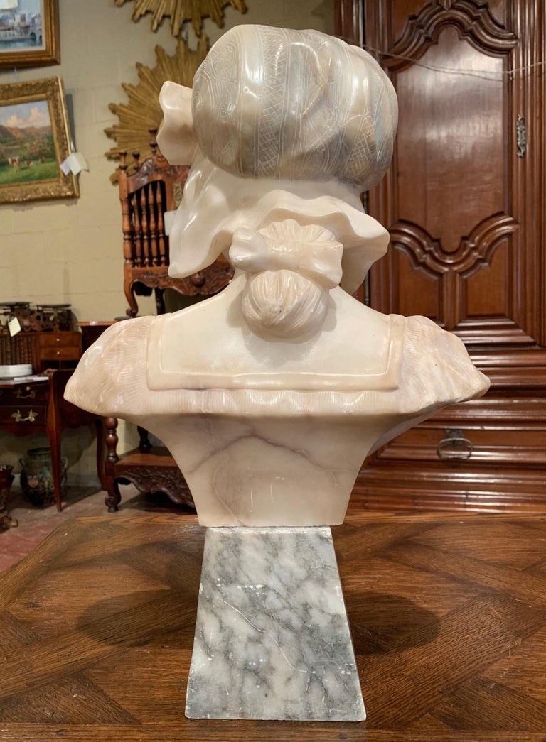 19th Century French Carved White Marble Woman Bust Sculpture on Grey