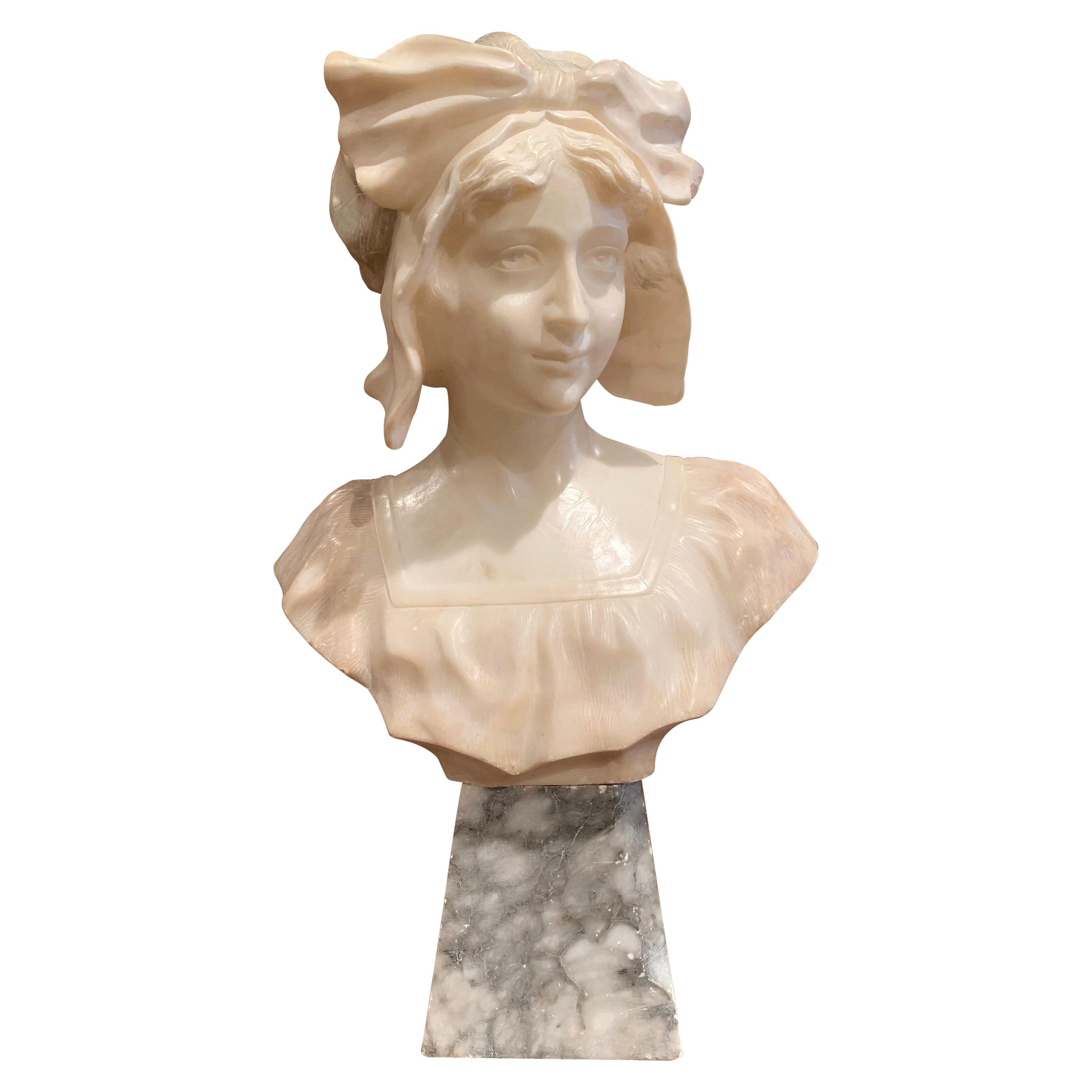 19th Century French Carved White Marble Woman Bust Sculpture on Grey Base
