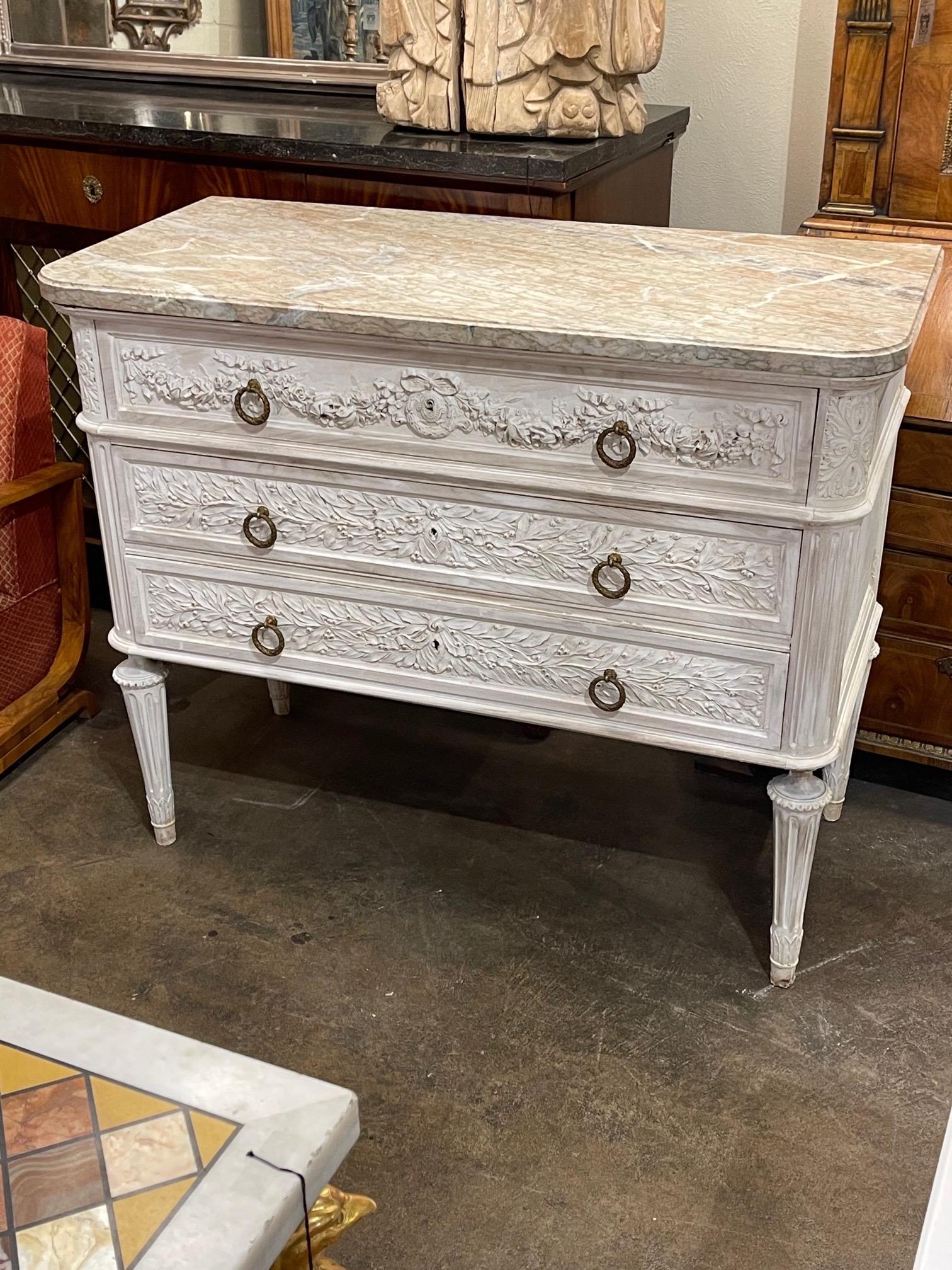 19th Century French Carved Whitewashed Walnut Commode In Good Condition In Dallas, TX