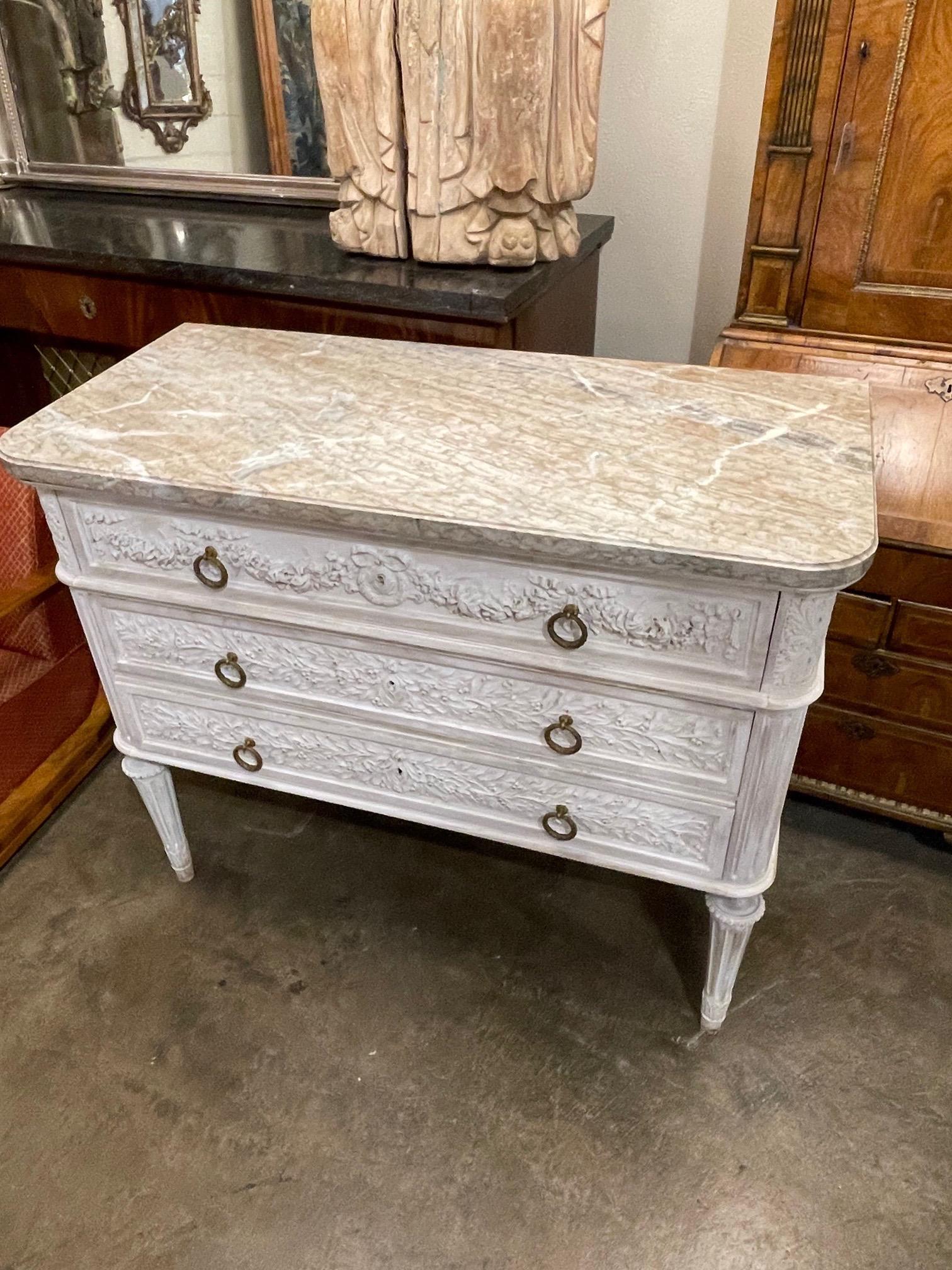 19th Century French Carved Whitewashed Walnut Commode 2