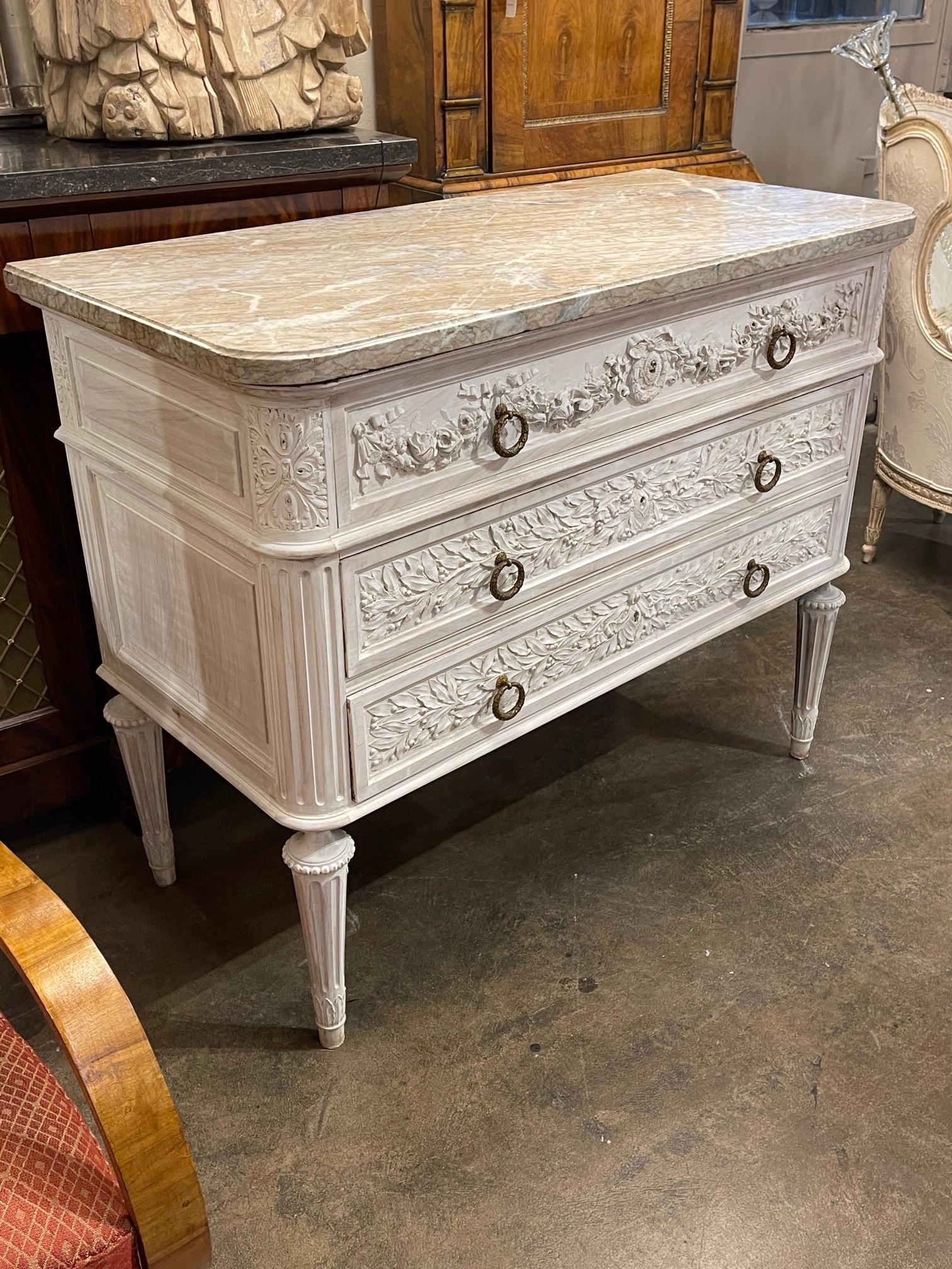 19th Century French Carved Whitewashed Walnut Commode 3
