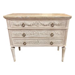 Antique 19th Century French Carved Whitewashed Walnut Commode