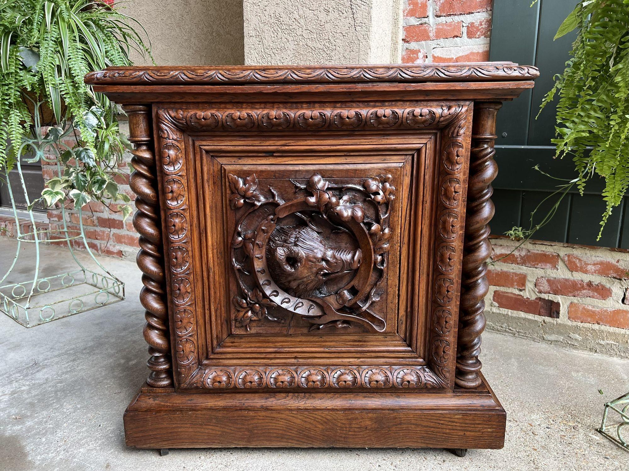 19th Century French Carved Wine Cellarette Cabinet Black Forest Chest Hog Boar For Sale 5