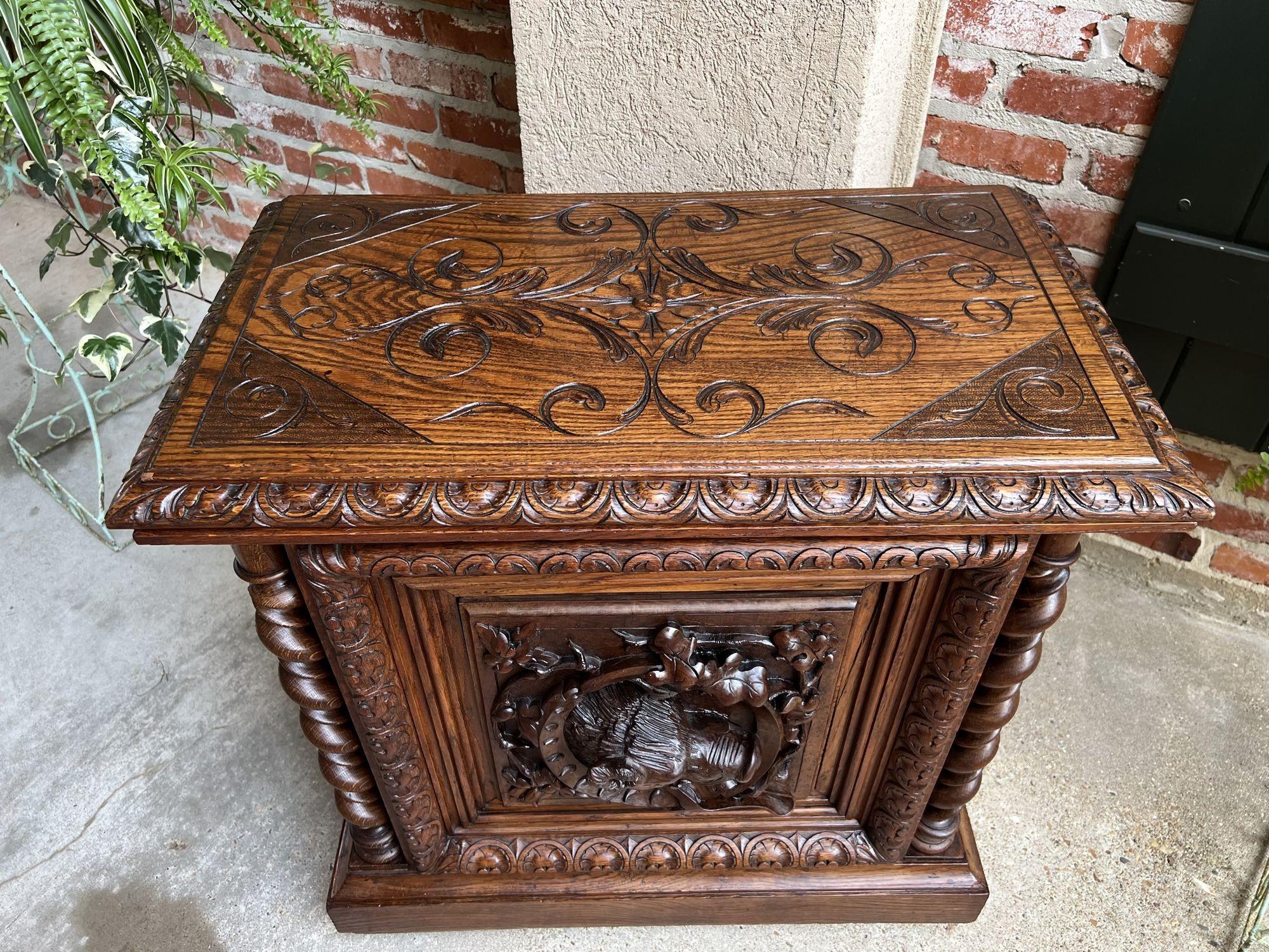 Oak 19th Century French Carved Wine Cellarette Cabinet Black Forest Chest Hog Boar For Sale