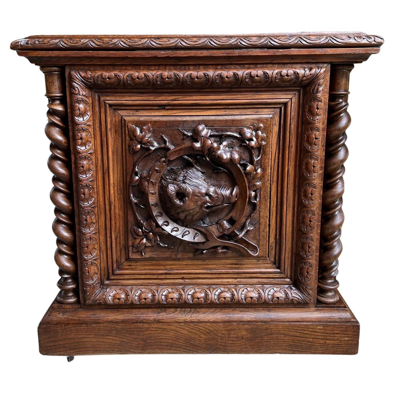 19th Century French Carved Wine Cellarette Cabinet Black Forest Chest Hog Boar