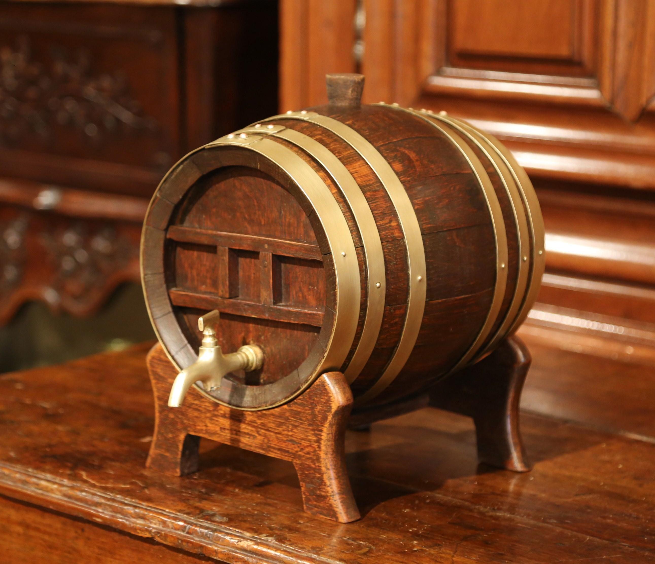 19th Century French Carved Wood and Brass Cognac Barrel on Stand 1