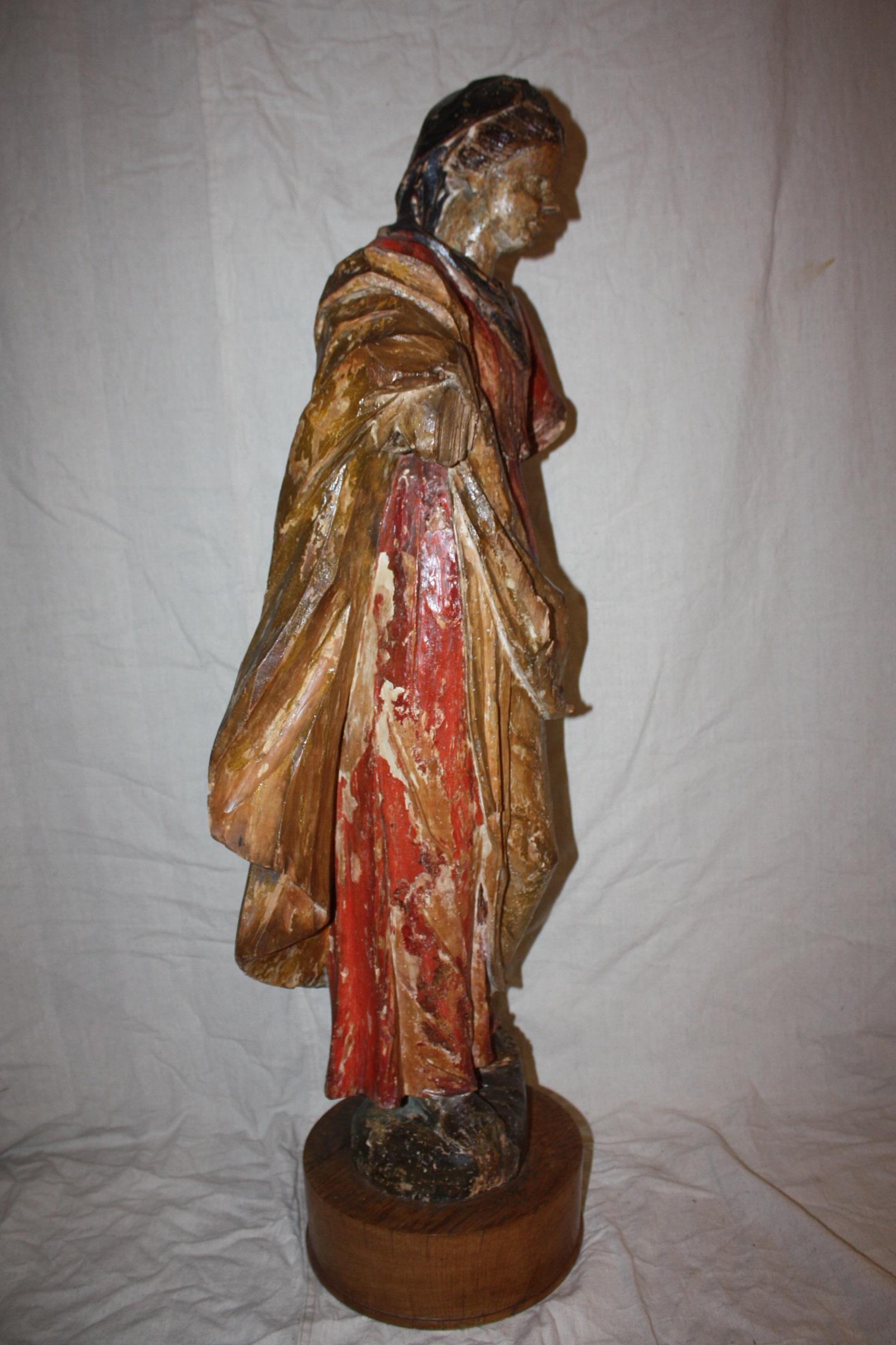 19th Century French Carved Wood and Polychrome Virgin Mary Statue 1