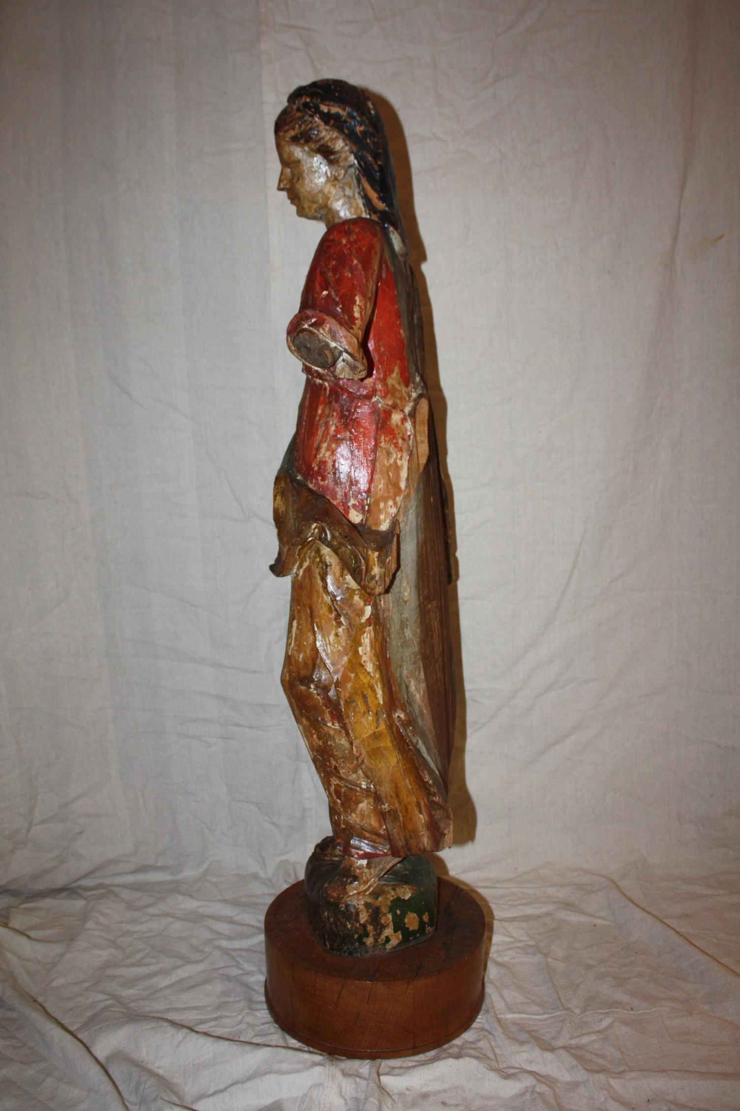 19th Century French Carved Wood and Polychrome Virgin Mary Statue 3