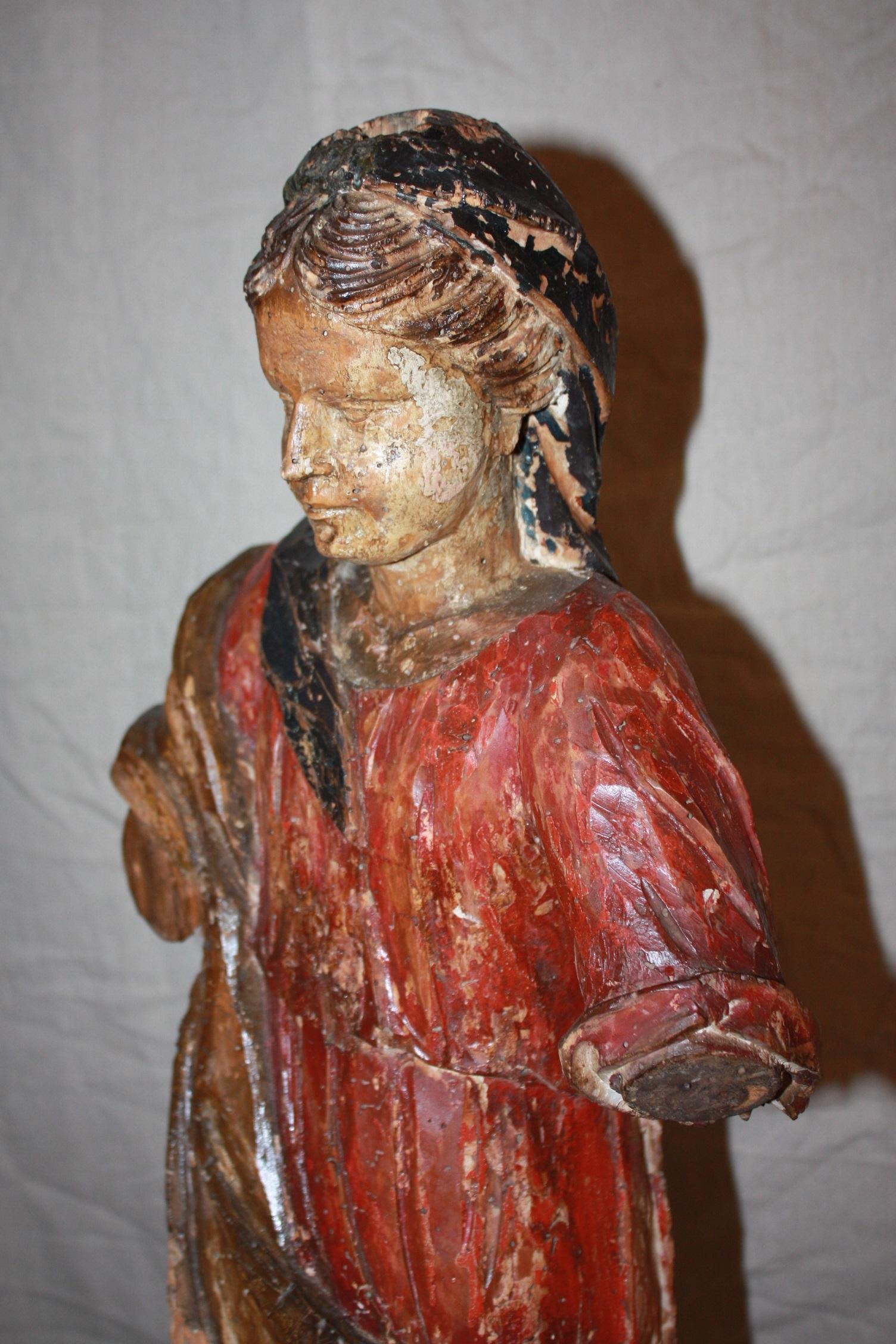 19th Century French Carved Wood and Polychrome Virgin Mary Statue 4