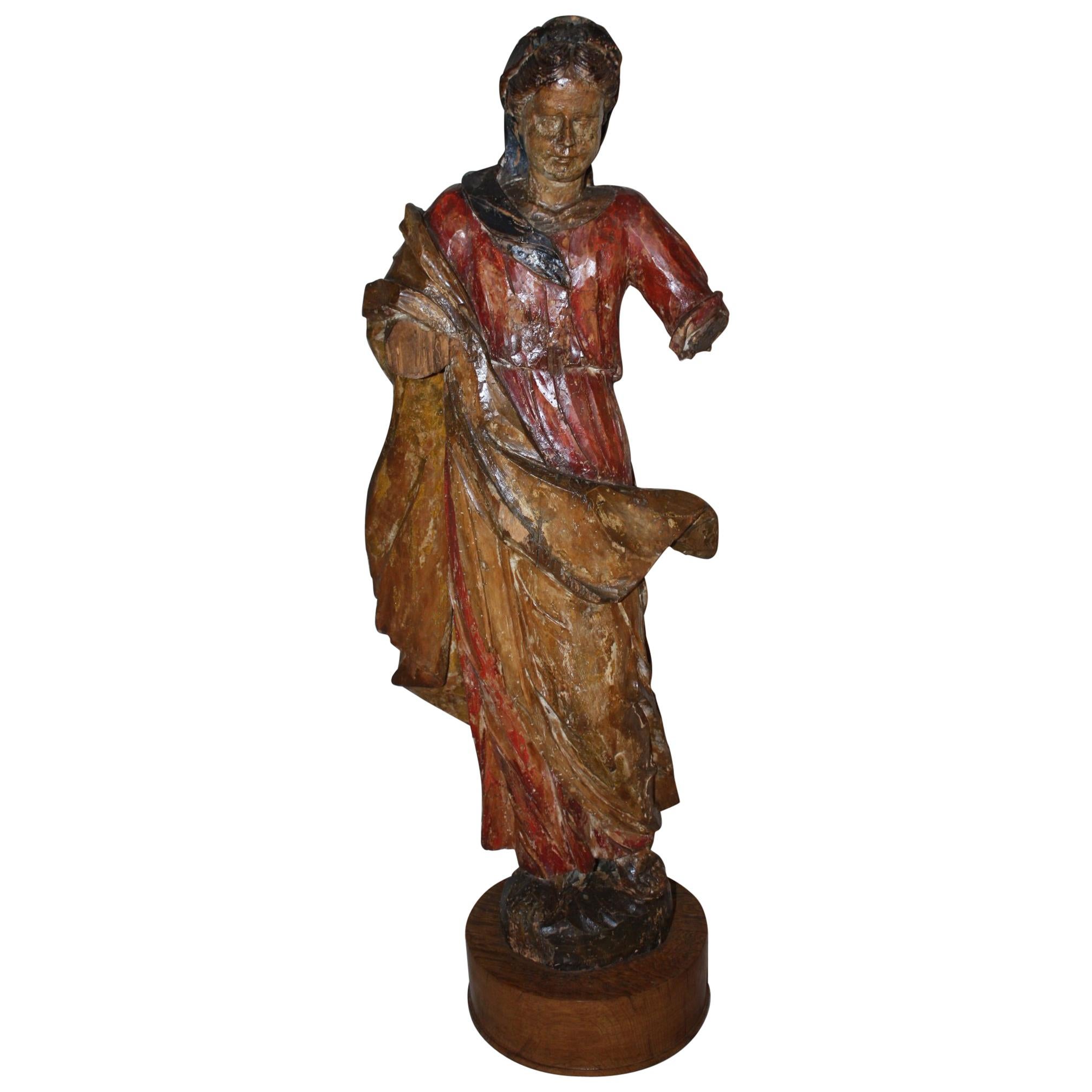 19th Century French Carved Wood and Polychrome Virgin Mary Statue