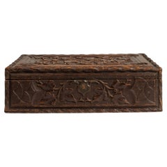 19th Century French Carved Wood Box with Leaf Motif, Antique Decor