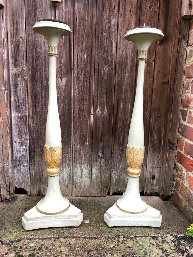 19th Century French Carved Wood Floor Standing Candlesticks In Good Condition For Sale In Southall, GB