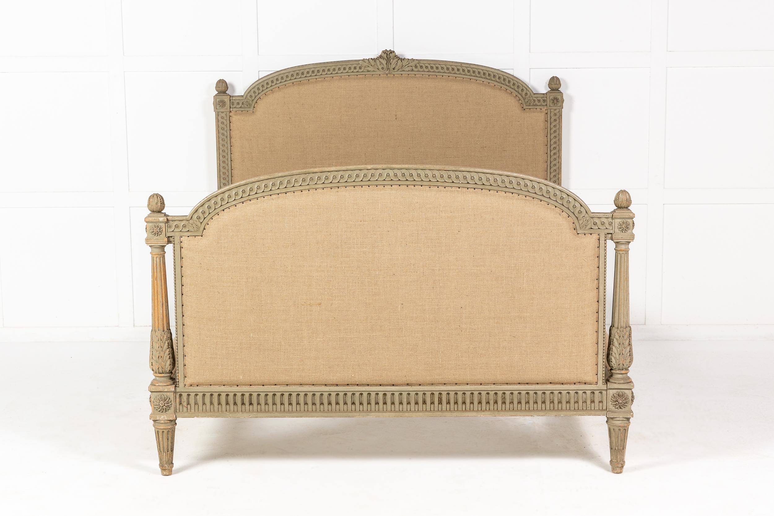 A wonderful, king sized, great quality 19th century French bed with a delightfully carved frame. The top rail has a central carving of acanthus leaves and repeating patterns throughout the frame, unusual deep stop fluted carving to the base.