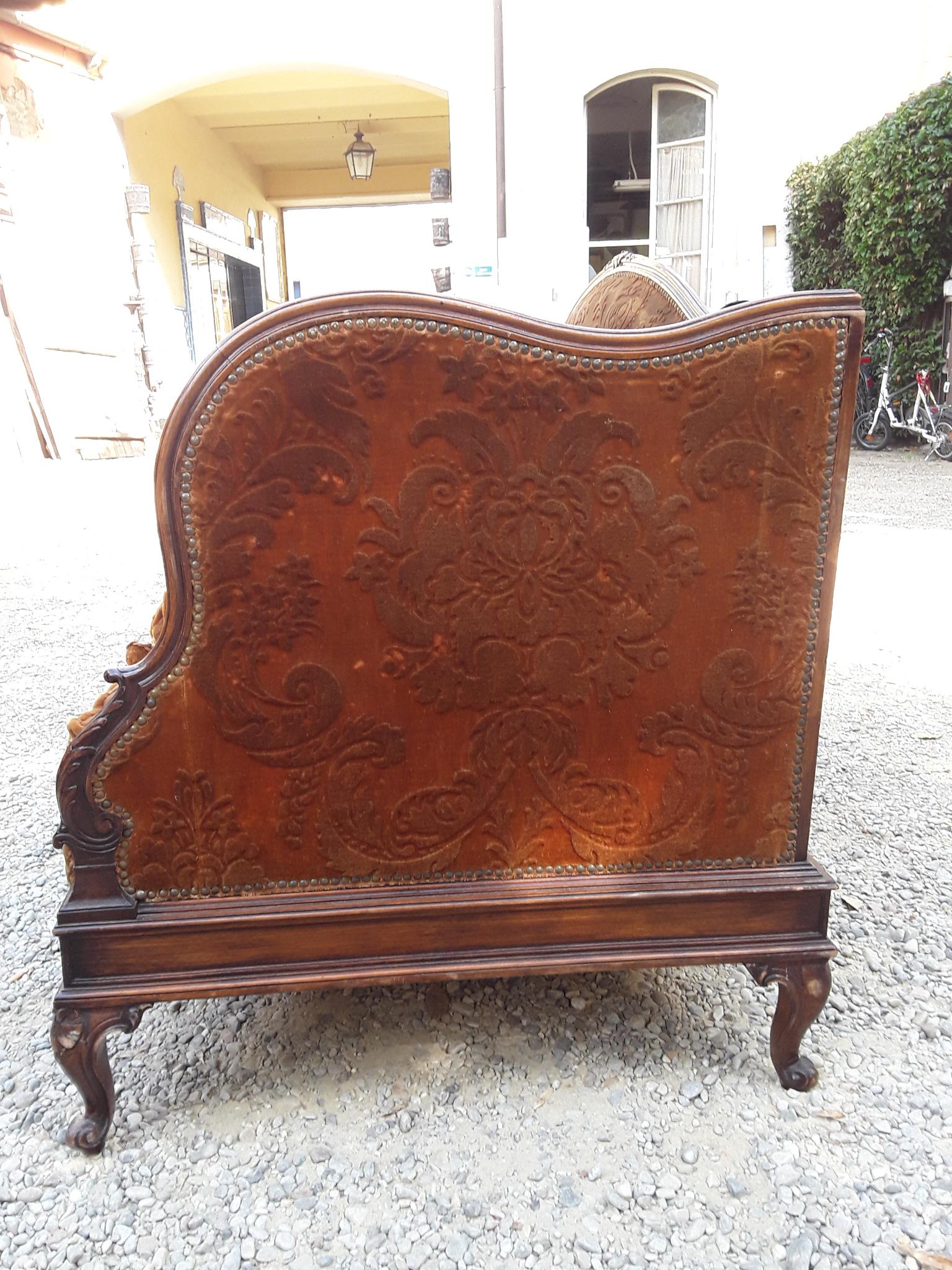 19th Century French Carved Wood Sofa with Its Original Velvet Cover from 1890s 5