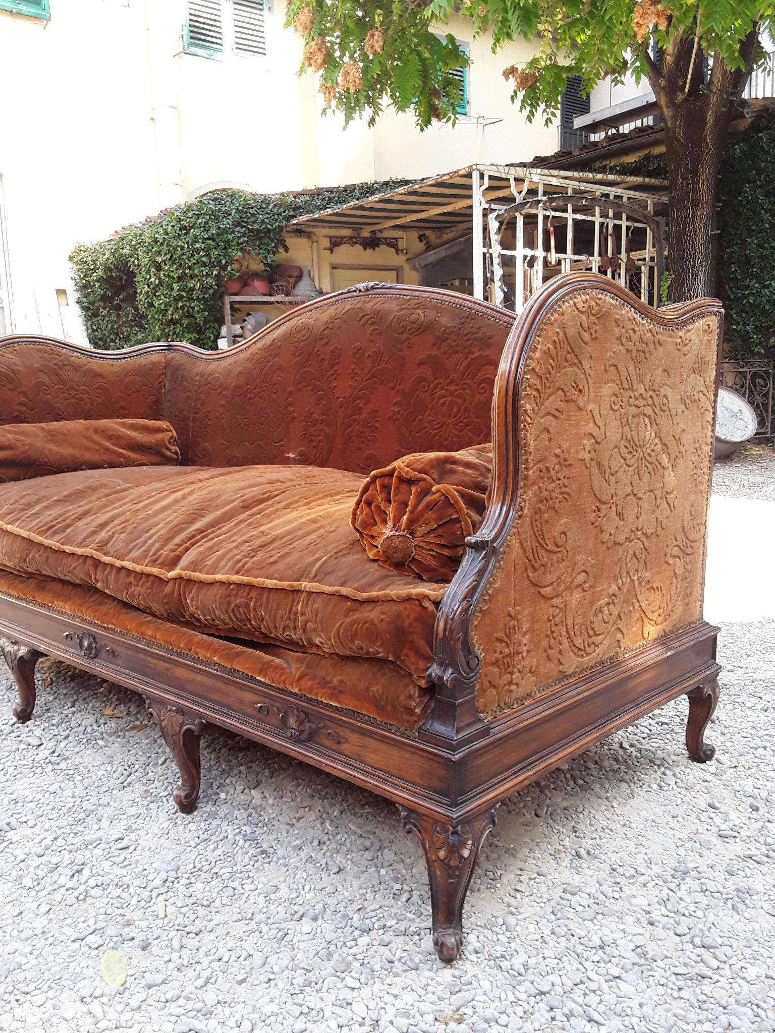 19th Century French Carved Wood Sofa with Its Original Velvet Cover from 1890s 6