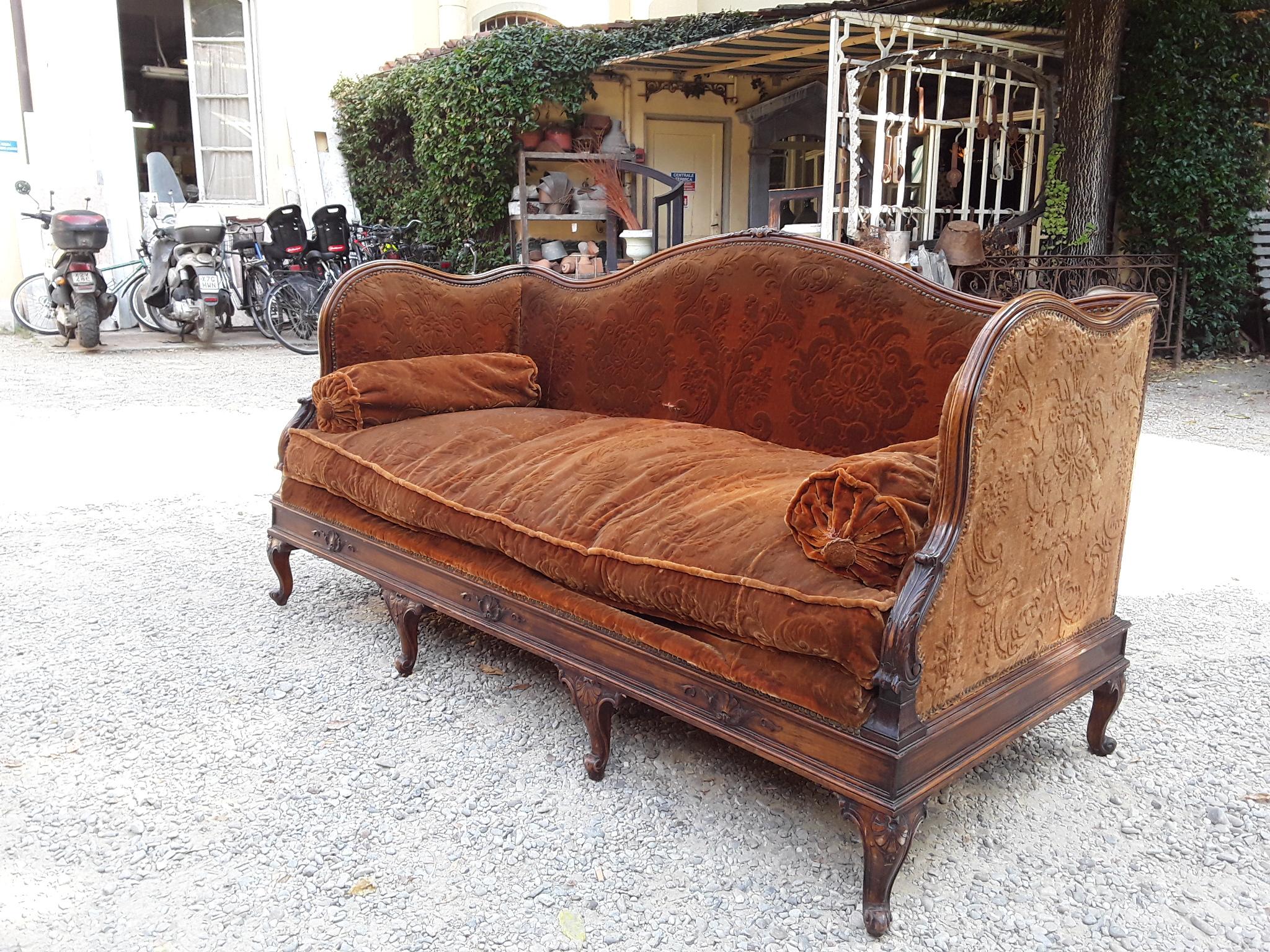 19th Century French Carved Wood Sofa with Its Original Velvet Cover from 1890s 7