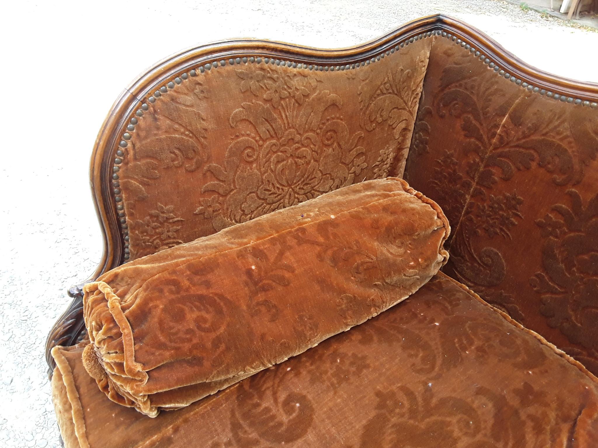 19th Century French Carved Wood Sofa with Its Original Velvet Cover from 1890s 8