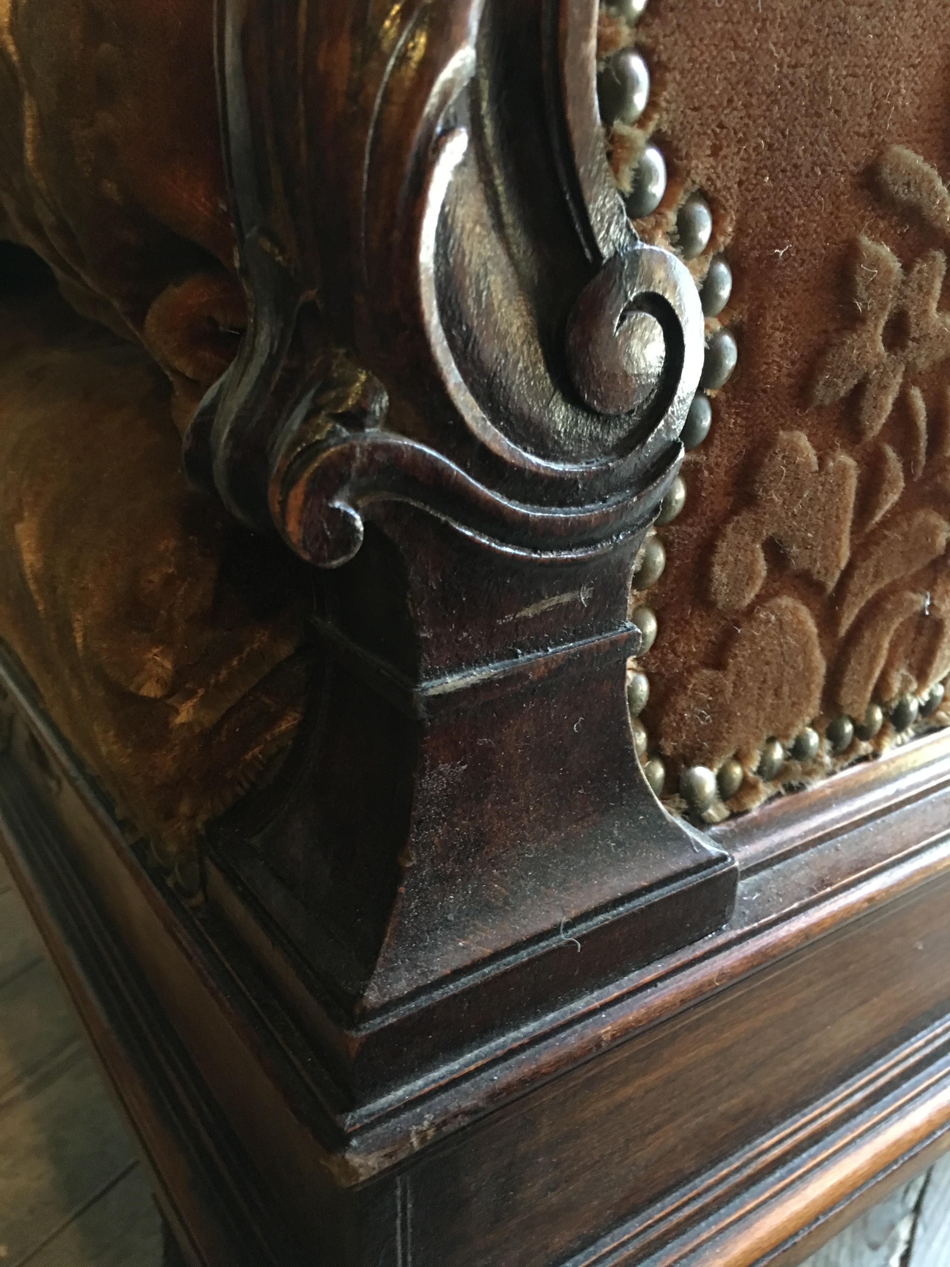 19th Century French Carved Wood Sofa with Its Original Velvet Cover from 1890s 2