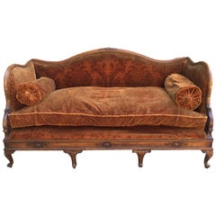 19th Century French Carved Wood Sofa with Its Original Velvet Cover from 1890s