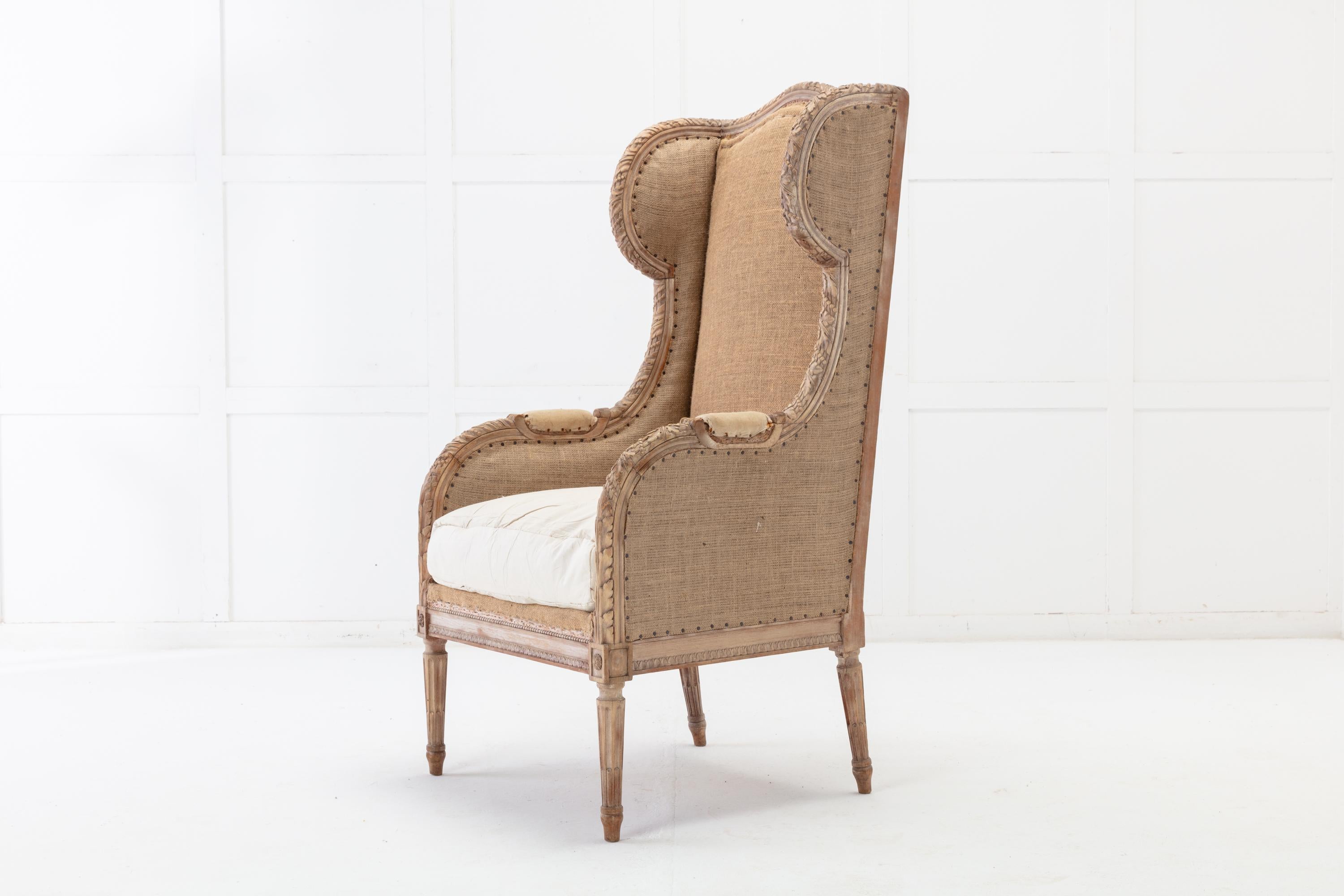 19th Century French Carved Wood Wing Chair 6