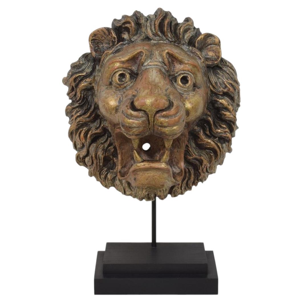 Antique French Carved Wooden Lion Head, Weathered, Circa 1850-1900