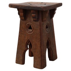 19th Century French carved wooden low stool in Gothic style, ca. 1850