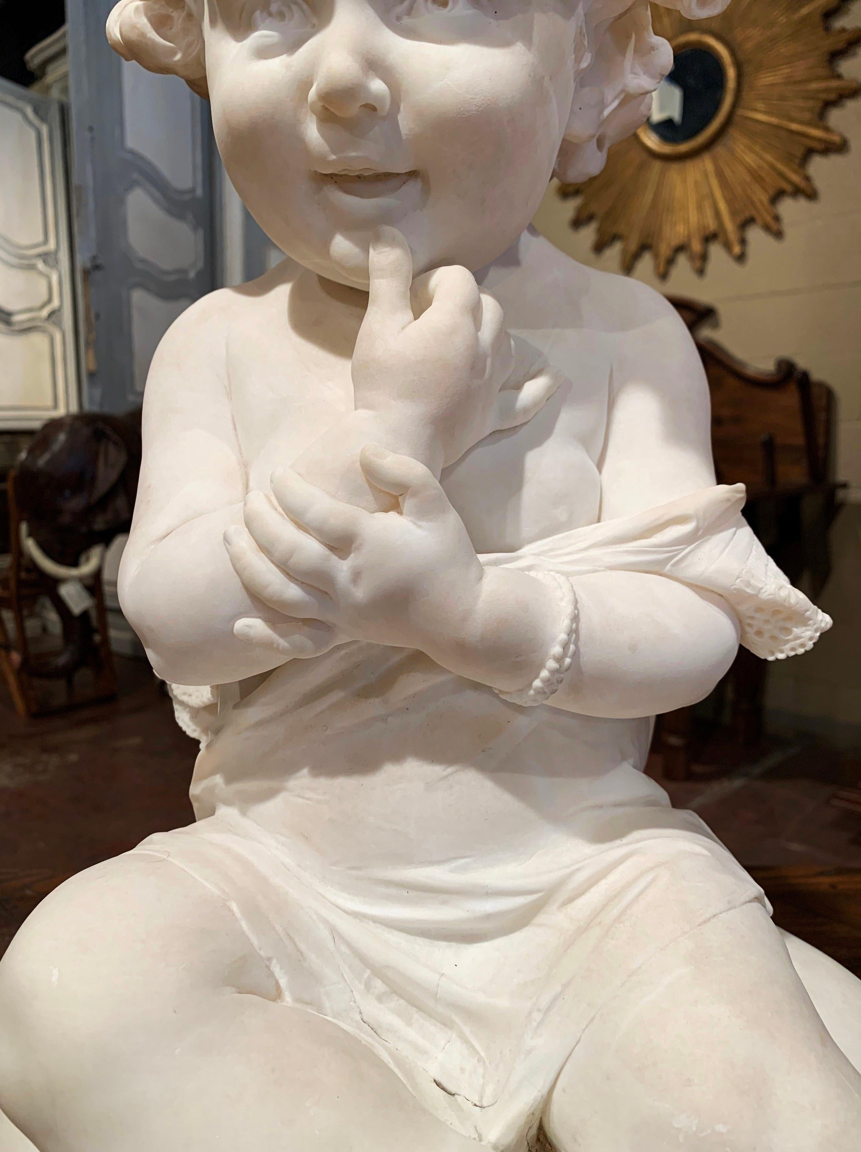 19th Century French Carved Young Child on Cushion Marble Sculpture Composition 5