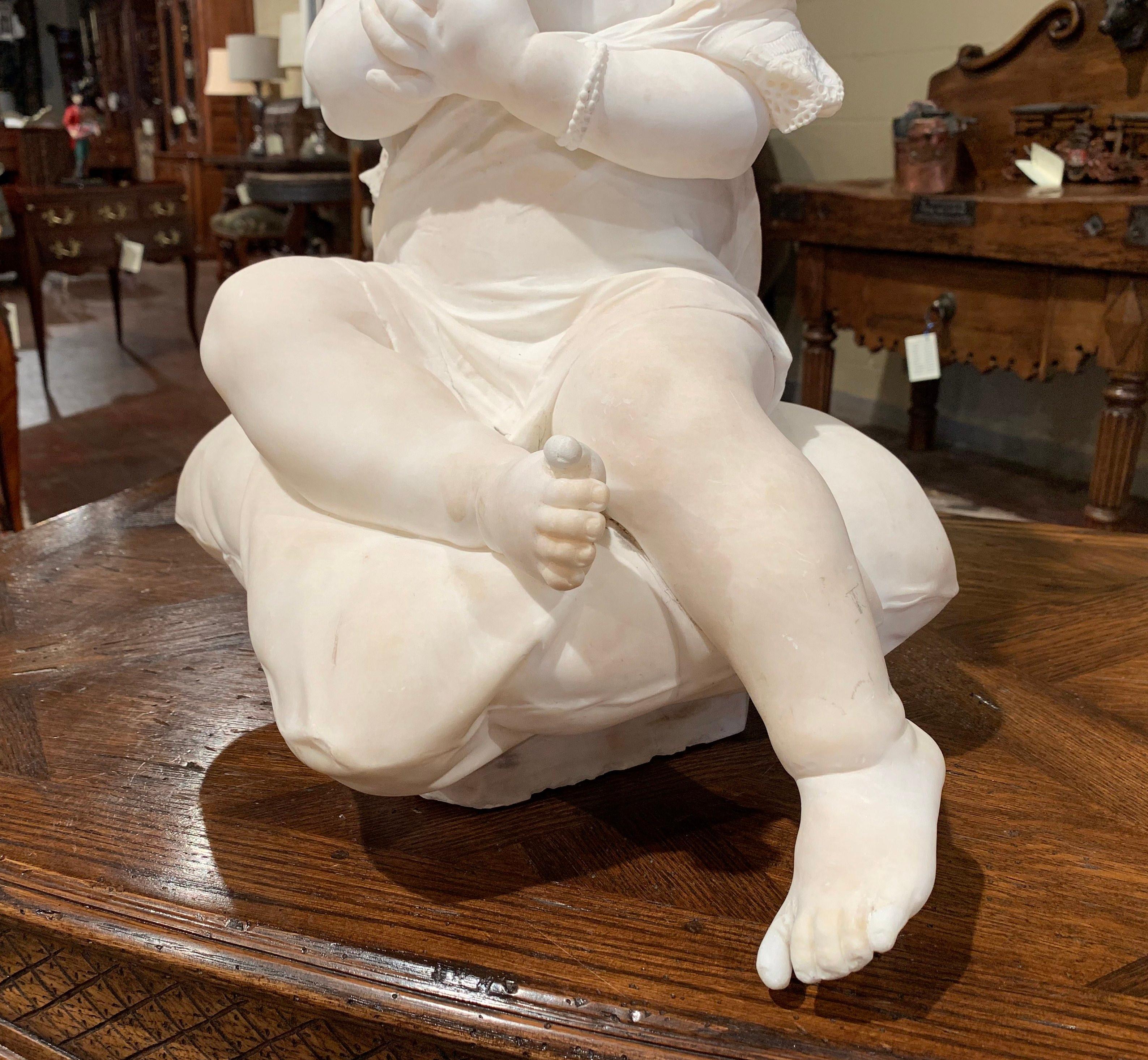 Hand-Carved 19th Century French Carved Young Child on Cushion Marble Sculpture Composition