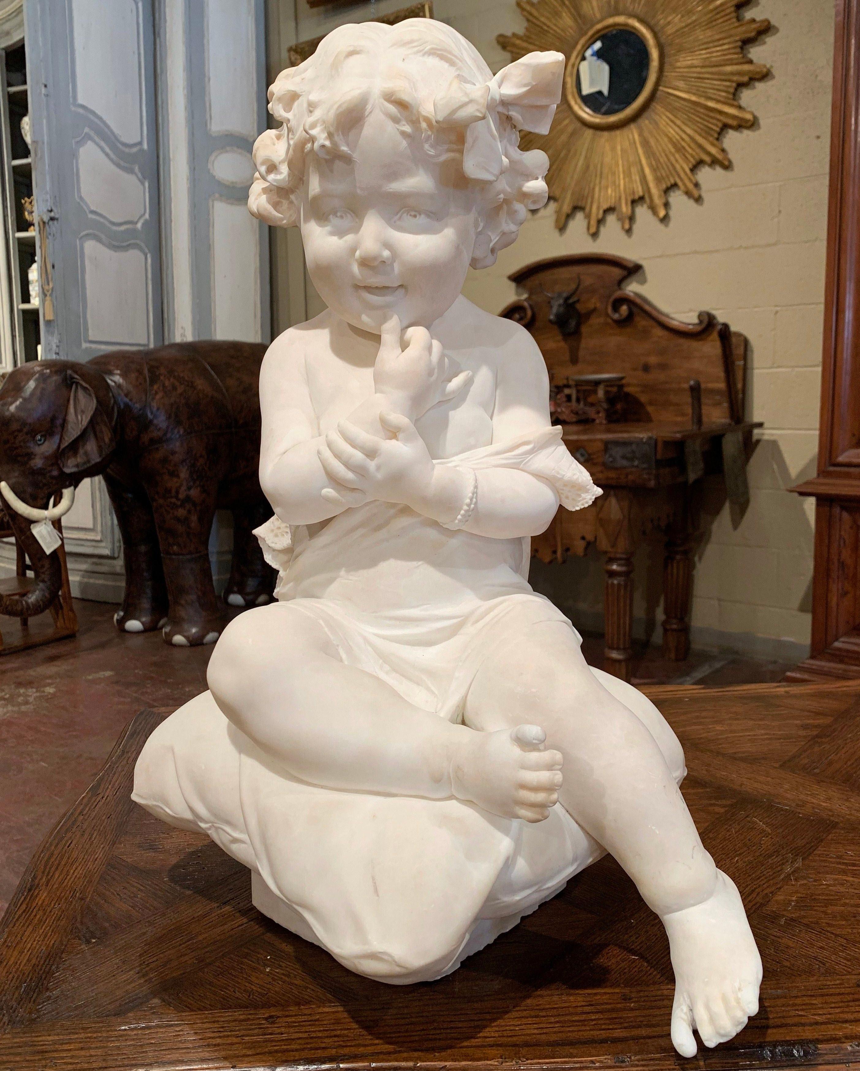 19th Century French Carved Young Child on Cushion Marble Sculpture Composition In Excellent Condition In Dallas, TX