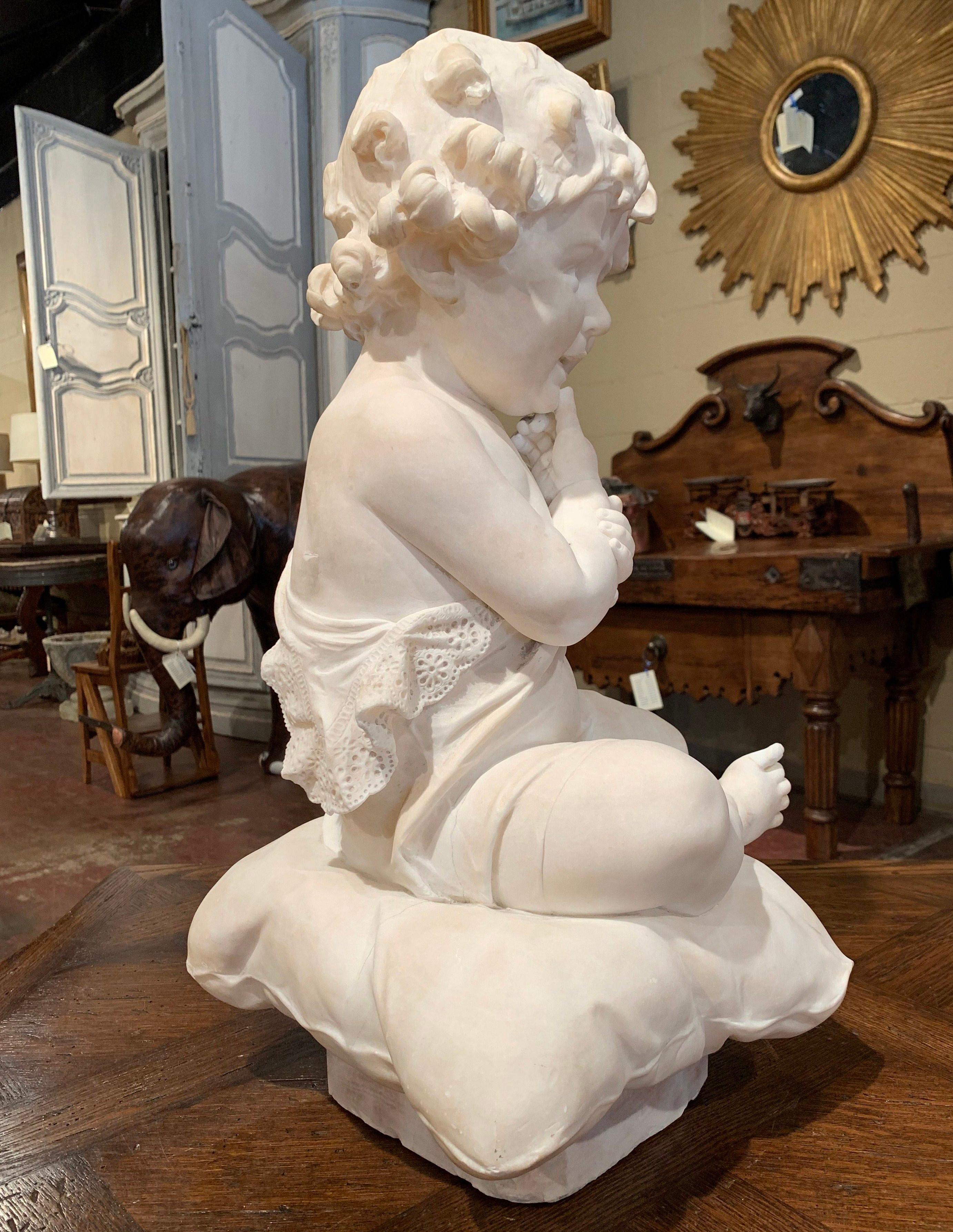 19th Century French Carved Young Child on Cushion Marble Sculpture Composition 2