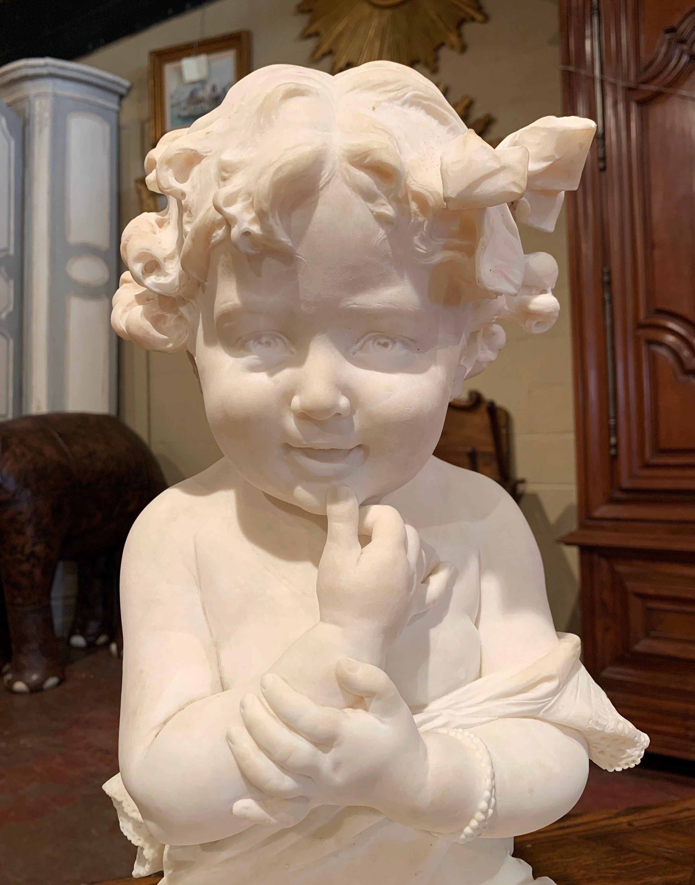 19th Century French Carved Young Child on Cushion Marble Sculpture Composition 4