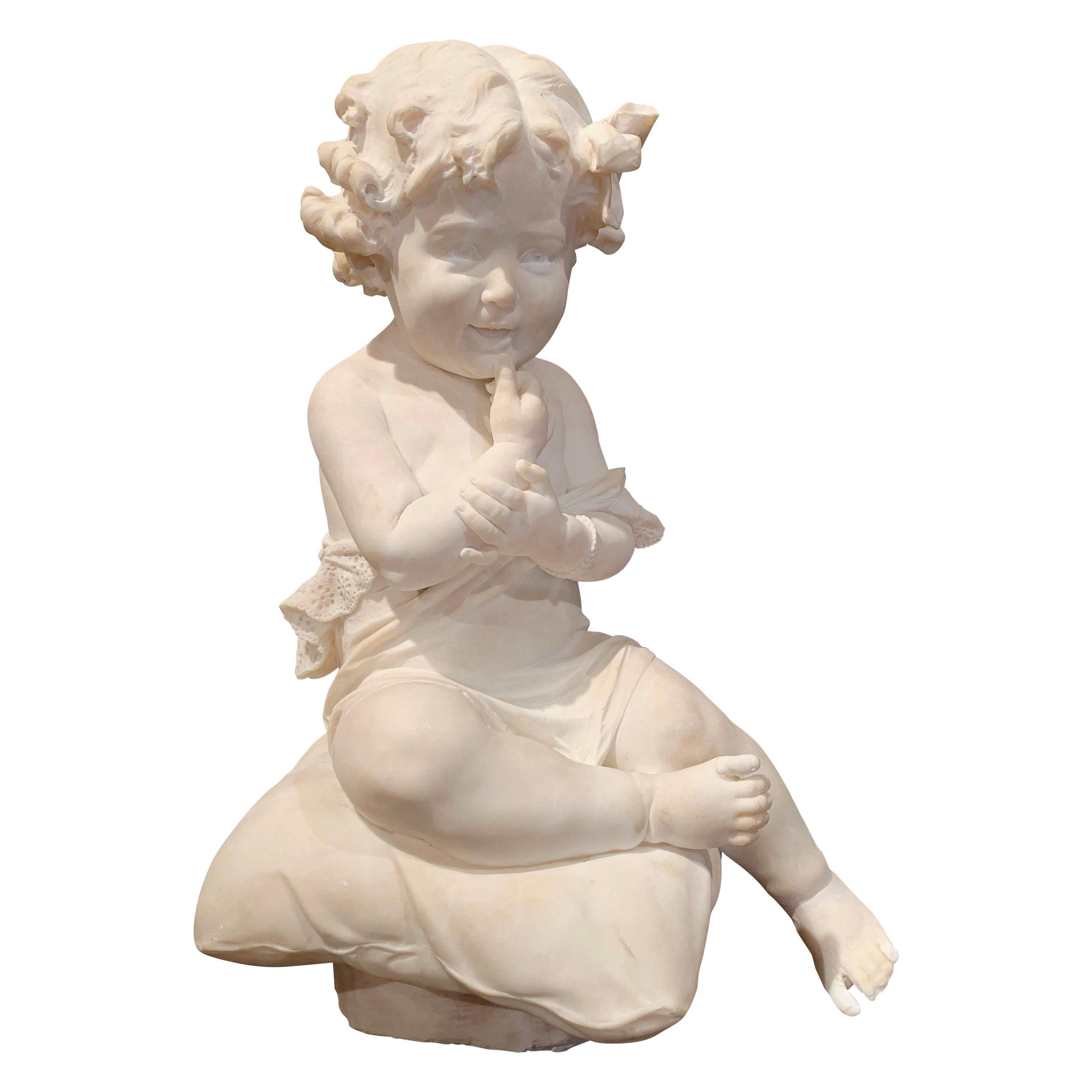 19th Century French Carved Young Child on Cushion Marble Sculpture Composition