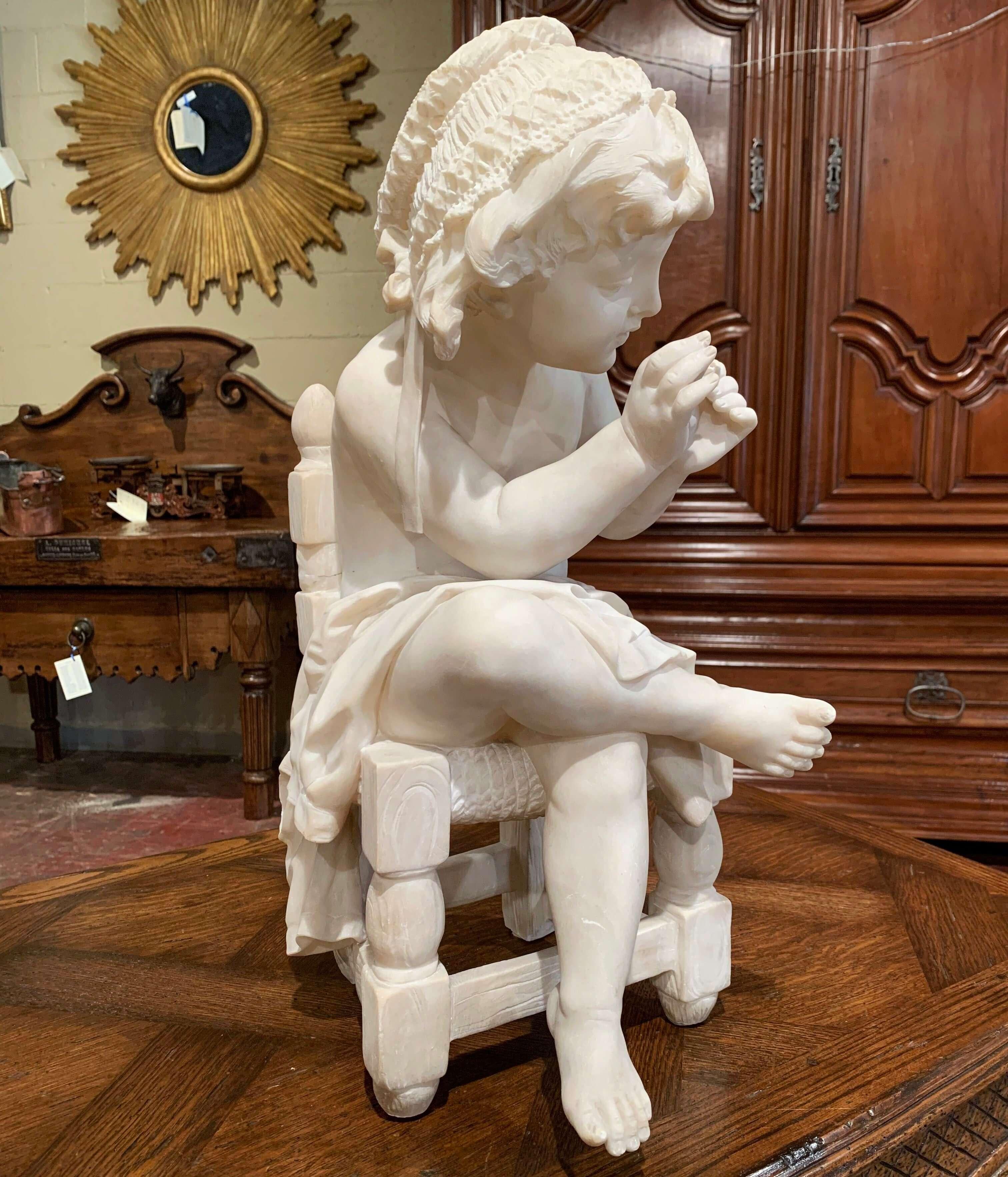 19th Century French Carved Young Girl on Chair Marble Sculpture Composition For Sale 6