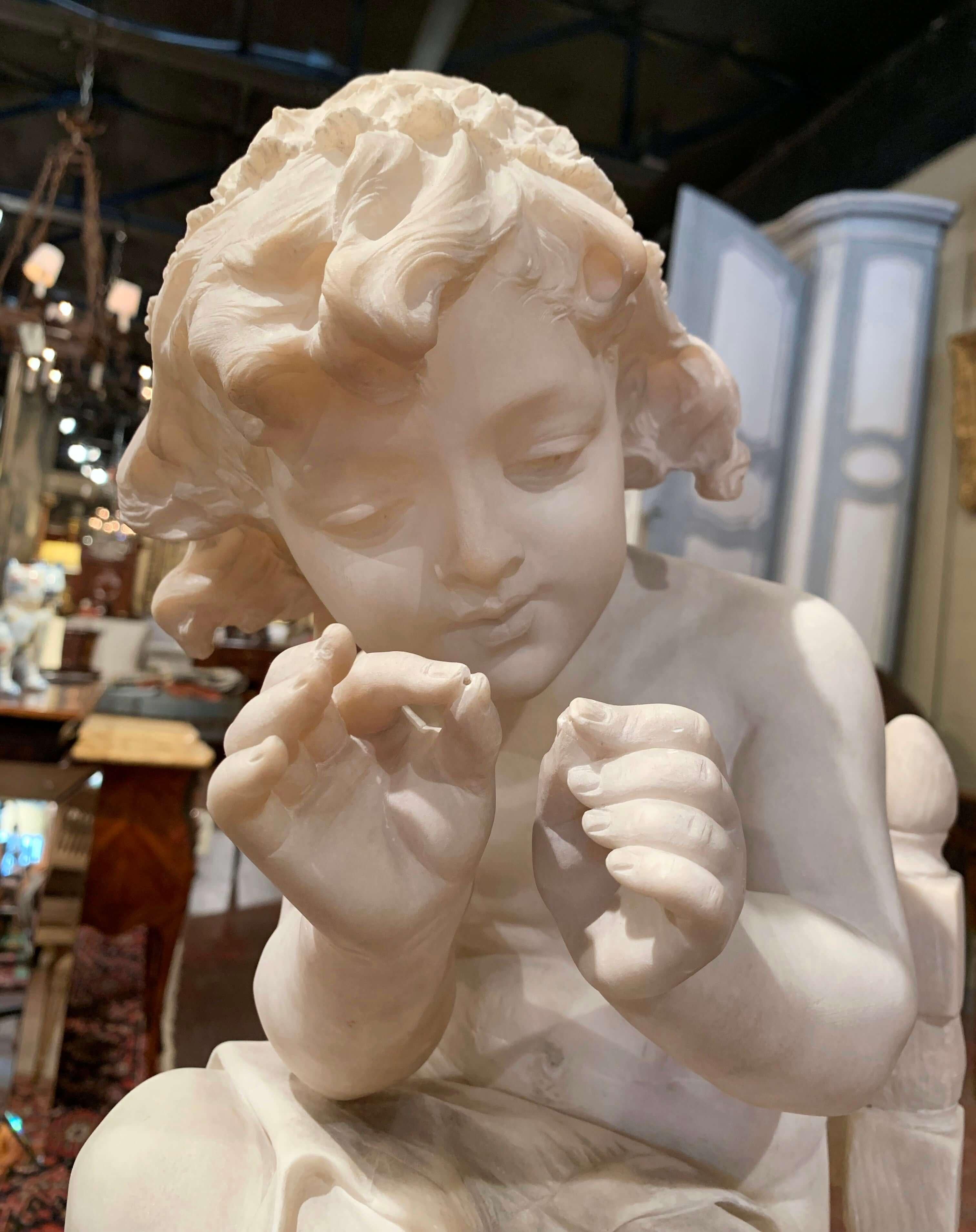 19th Century French Carved Young Girl on Chair Marble Sculpture Composition For Sale 7