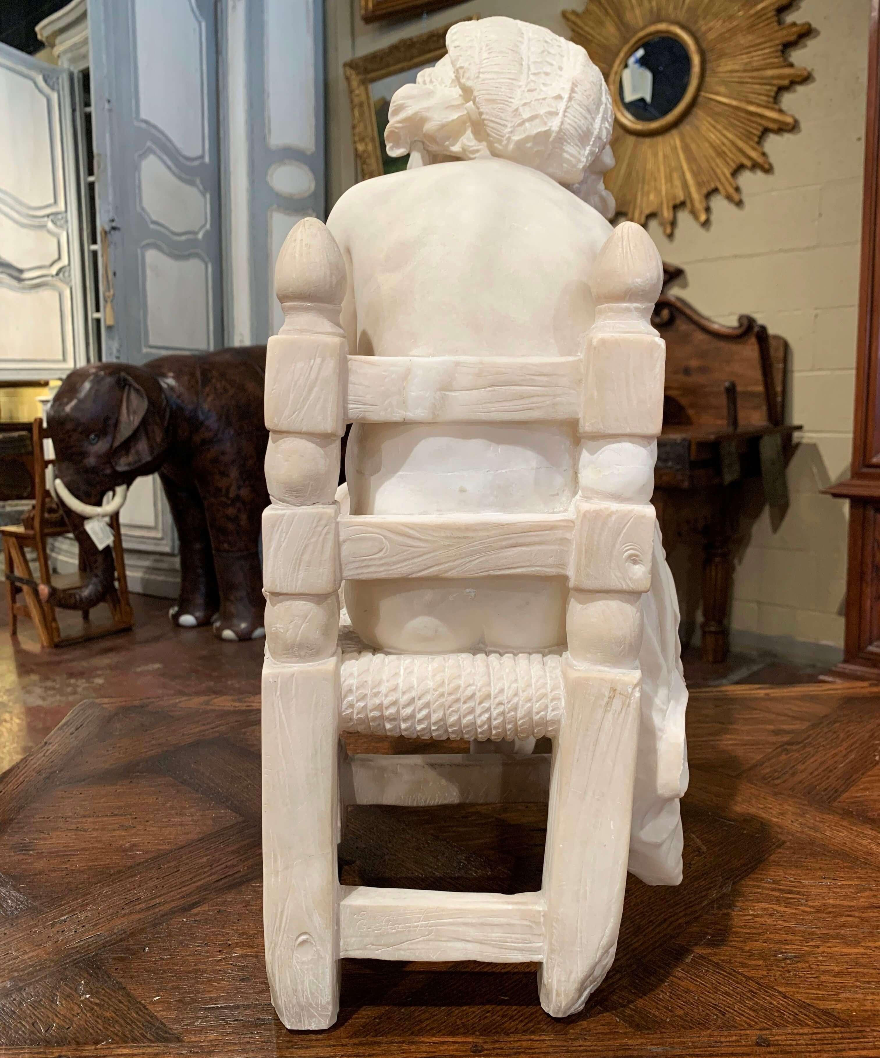 19th Century French Carved Young Girl on Chair Marble Sculpture Composition For Sale 8