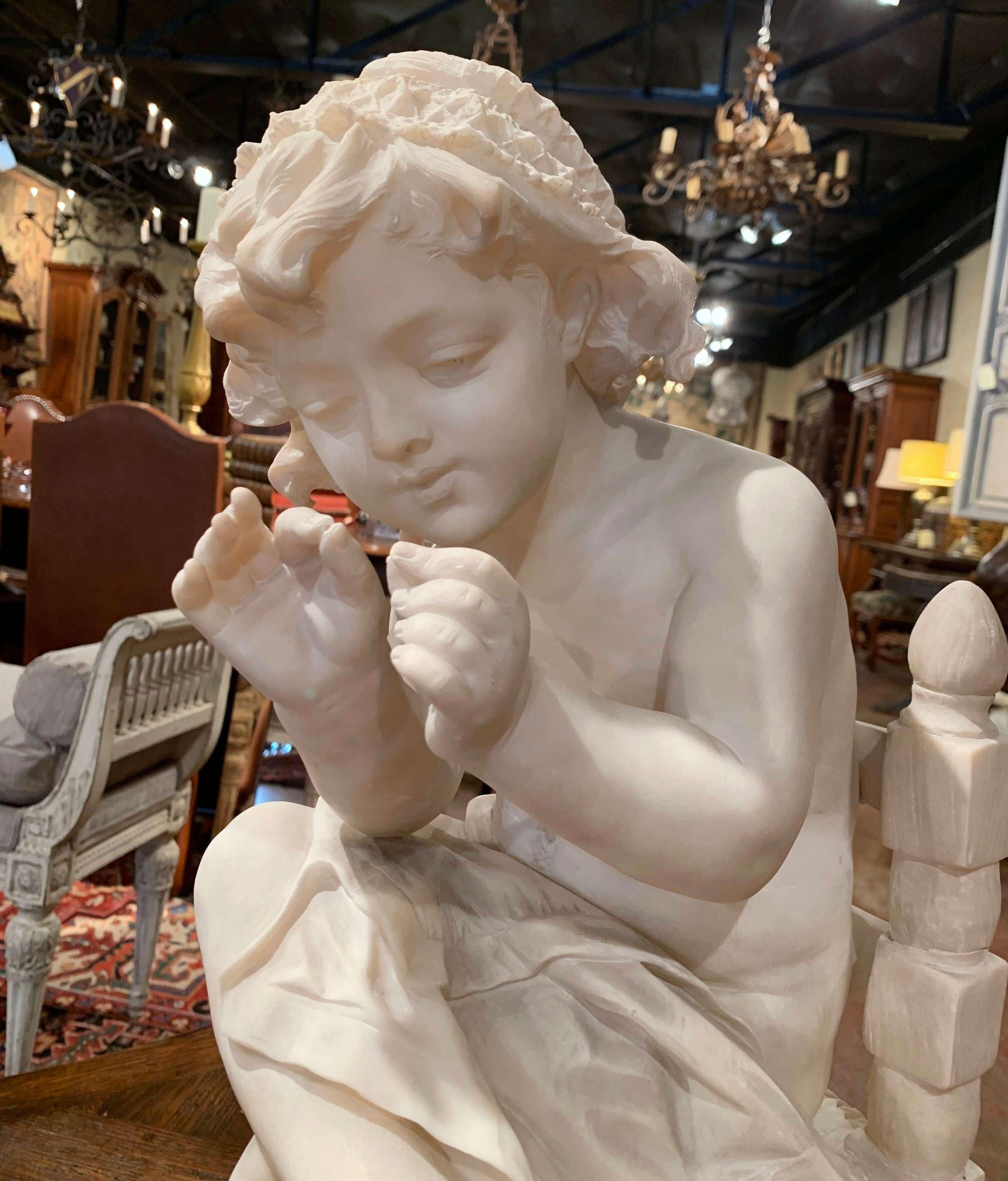 Hand-Carved 19th Century French Carved Young Girl on Chair Marble Sculpture Composition For Sale