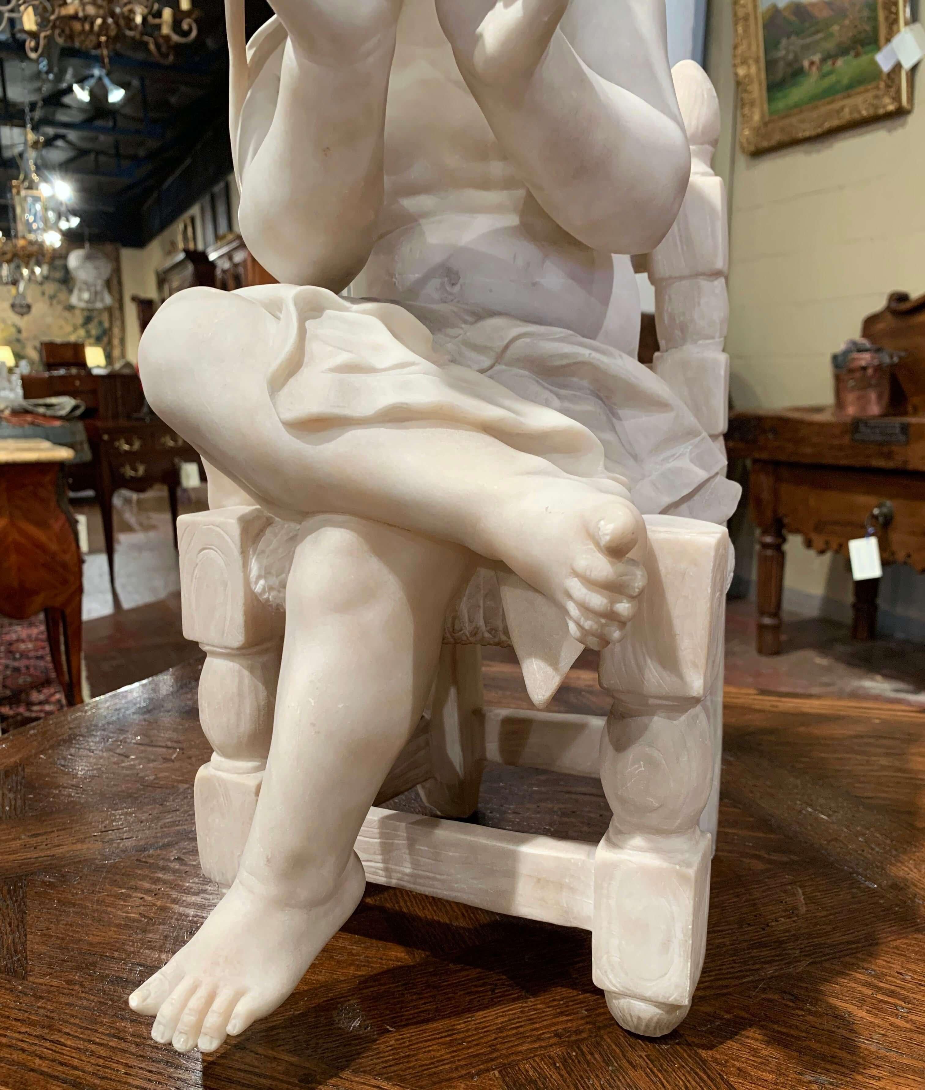 19th Century French Carved Young Girl on Chair Marble Sculpture Composition In Excellent Condition For Sale In Dallas, TX
