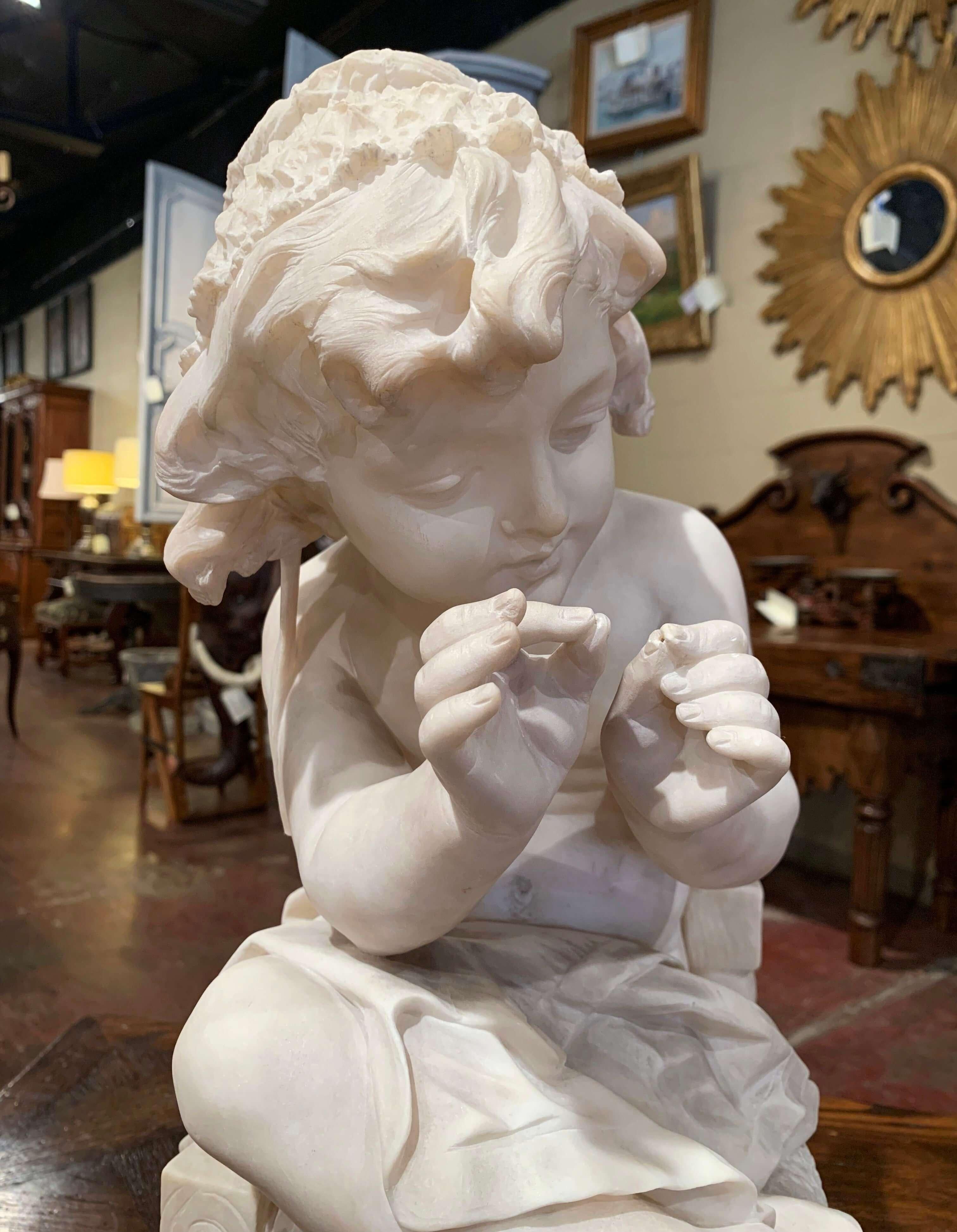 19th Century French Carved Young Girl on Chair Marble Sculpture Composition For Sale 2