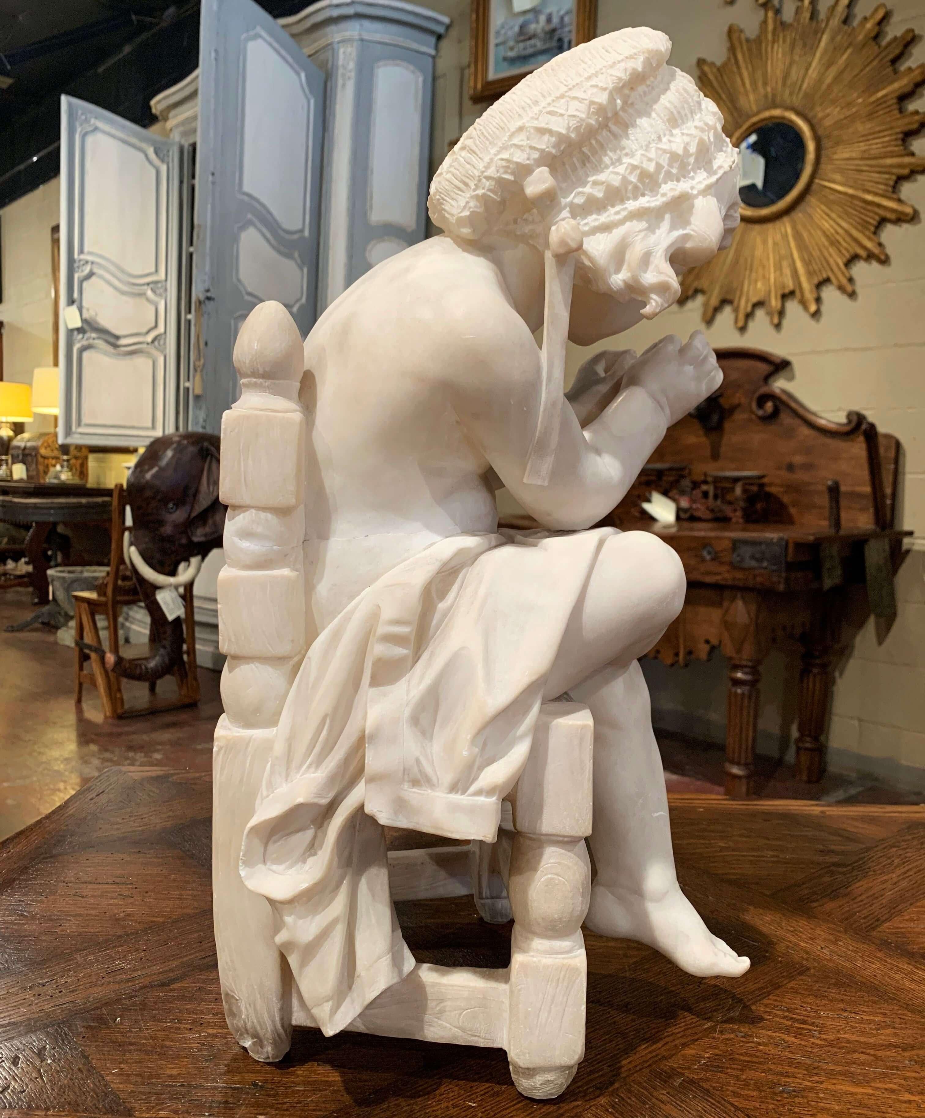 19th Century French Carved Young Girl on Chair Marble Sculpture Composition For Sale 3